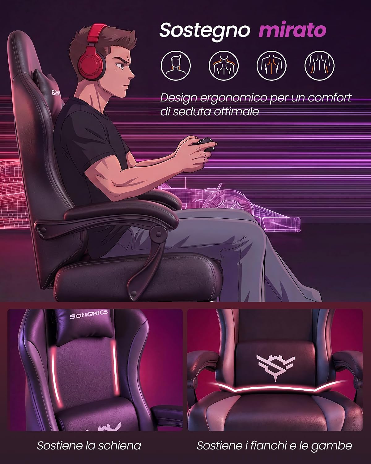 Thumbnail 5 de Sedia da Gaming in Pelle PU SONGMICS Cathy: ergonomia e comfort con poggiapiedi e supporto lombare