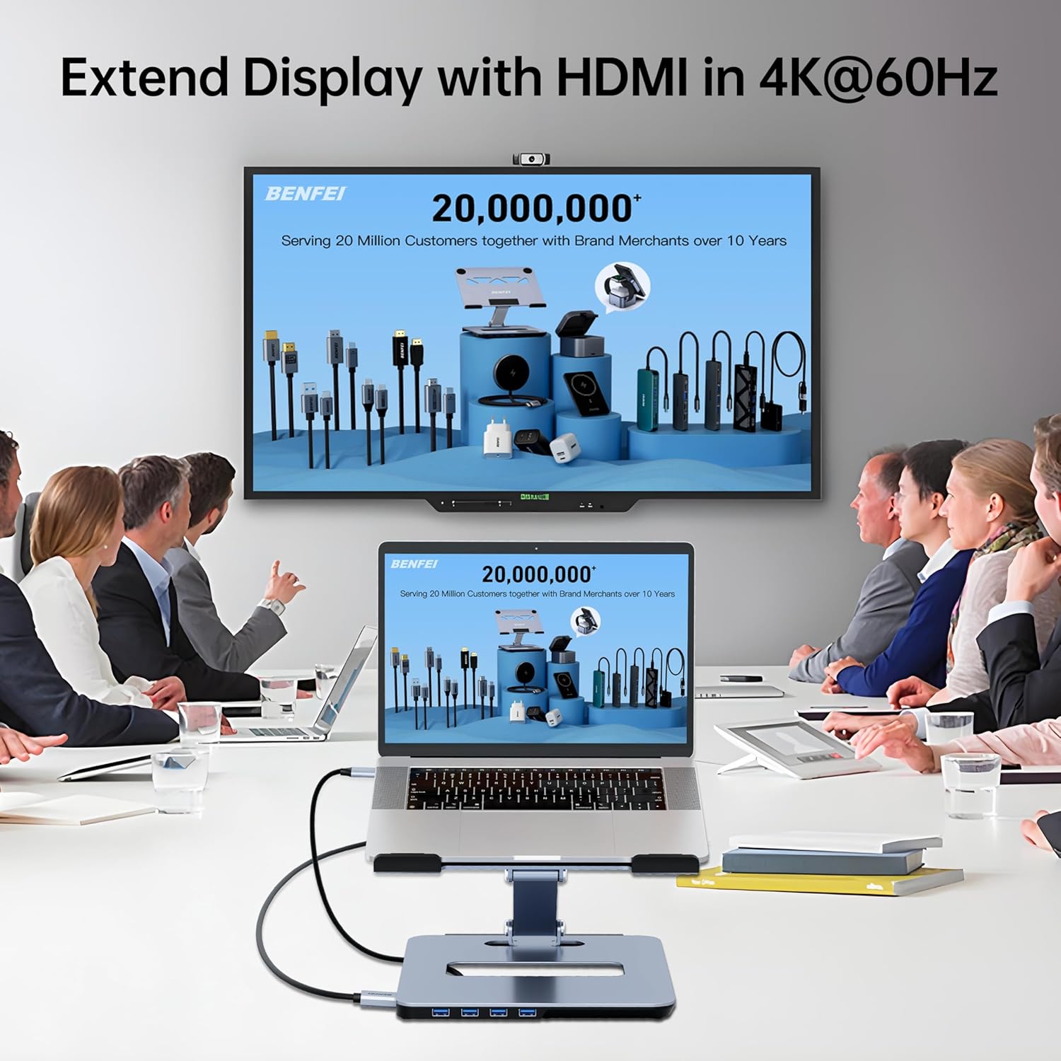 Detalle de BENFEI: Supporto per laptop in alluminio con docking 6 in 1 – HDMI 4K@60Hz, 4x USB 3.0, 100W PD