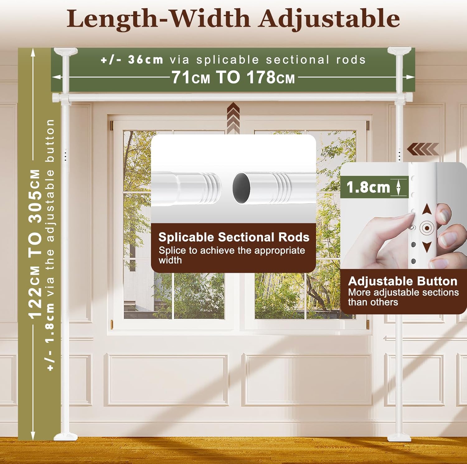 Thumbnail 1 de Yeabett Raumteiler-Stange (ohne Bohren) – verstellbares Raumtrennsystem 122–305 cm Höhe, 70–177 cm Breite, weiß