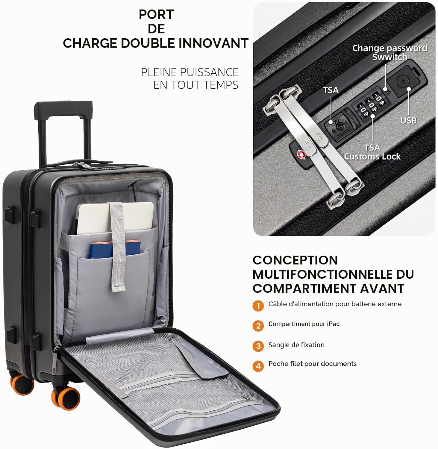 Detalle de HUIDA TECH Valise de cabine légère 20 pouces avec compartiment pour ordinateur, serrure TSA et chargement USB