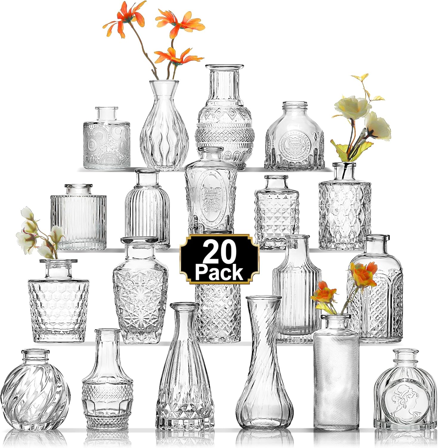Arme 20-Piece Bud Vase Set: Mini Vintage Clear Glass Vases for Flowers & Centerpieces