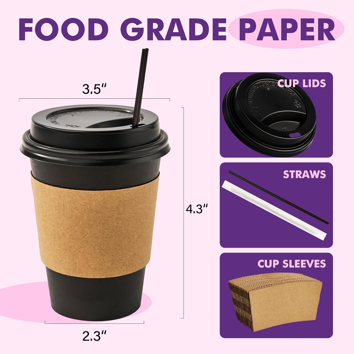 Detalle 2 de PACKINNO 12 oz 50 Count Black Disposable Cups with Lids, Sleeves, and Straws (All-in-One)