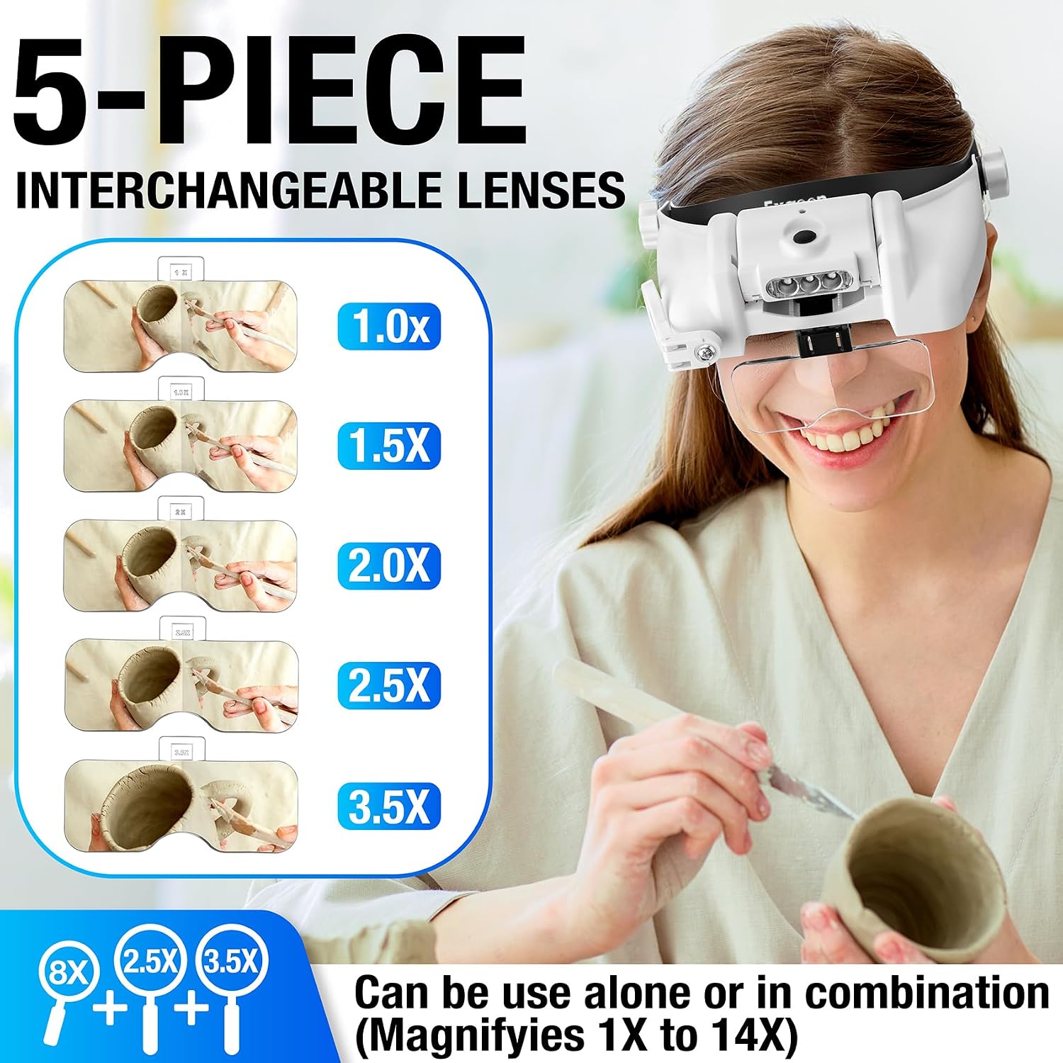 Detalle 2 de Exgoon Lupe mit Licht – Lupenbrille mit 1- bis 14-facher Vergrößerung, 6 abnehmbaren Linsen und USB-Ladeband (Schwarz)