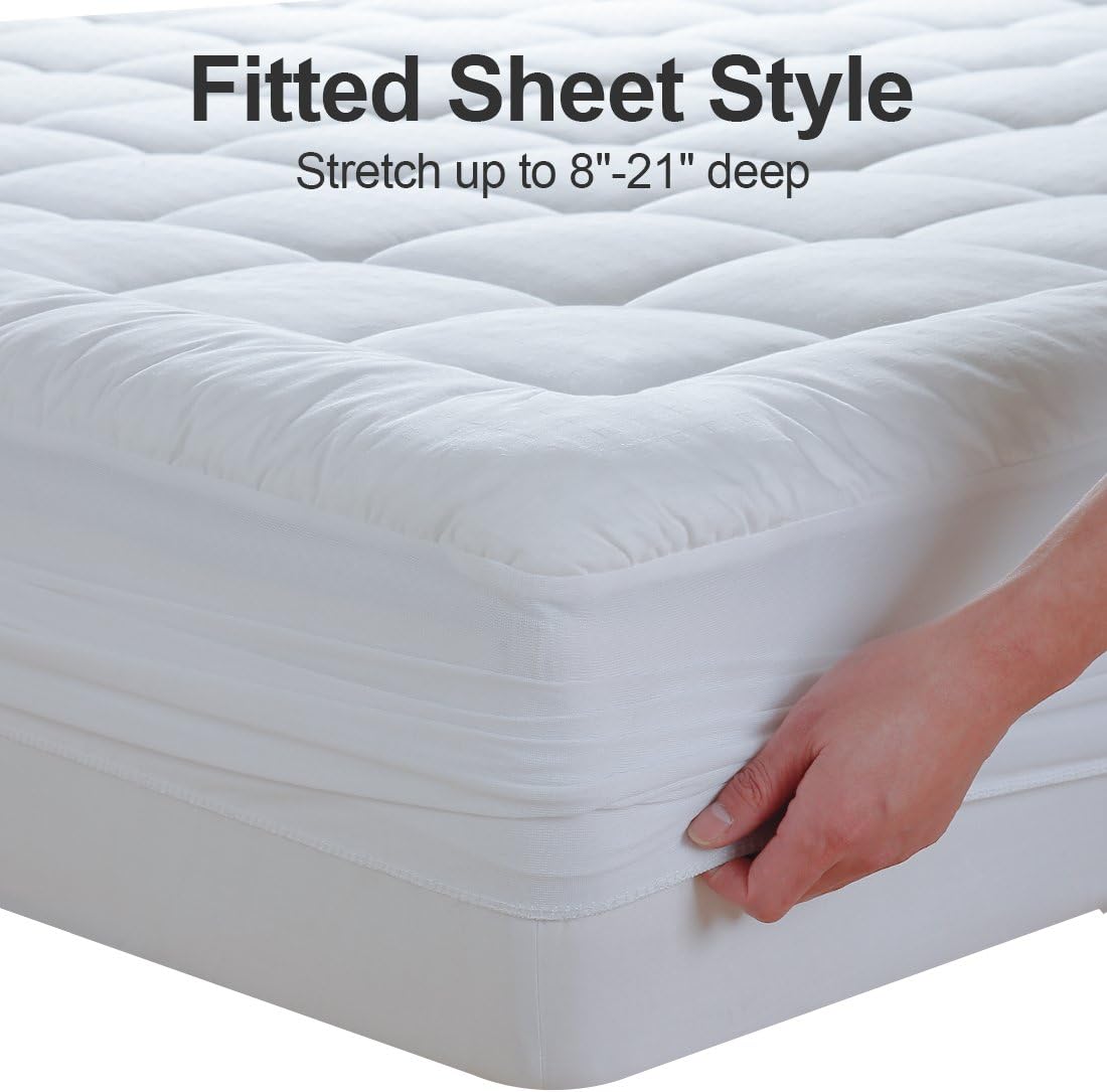 Detalle de EASELAND King Quilted Mattress Pad Cover (Deep Pocket, 21"), Cotton Top & Down-Alternative Fill
