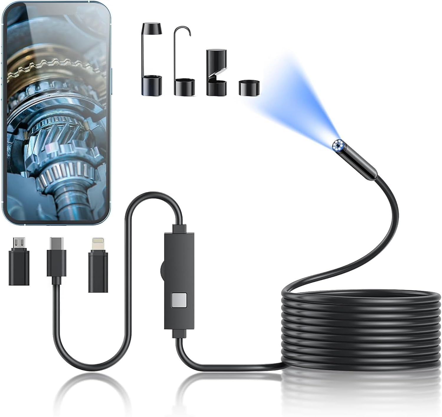 Detalle de Kinpthy Endoscope Camera with 16.4-ft Semi-Rigid Cable, IP67 Probe and 8 LEDs