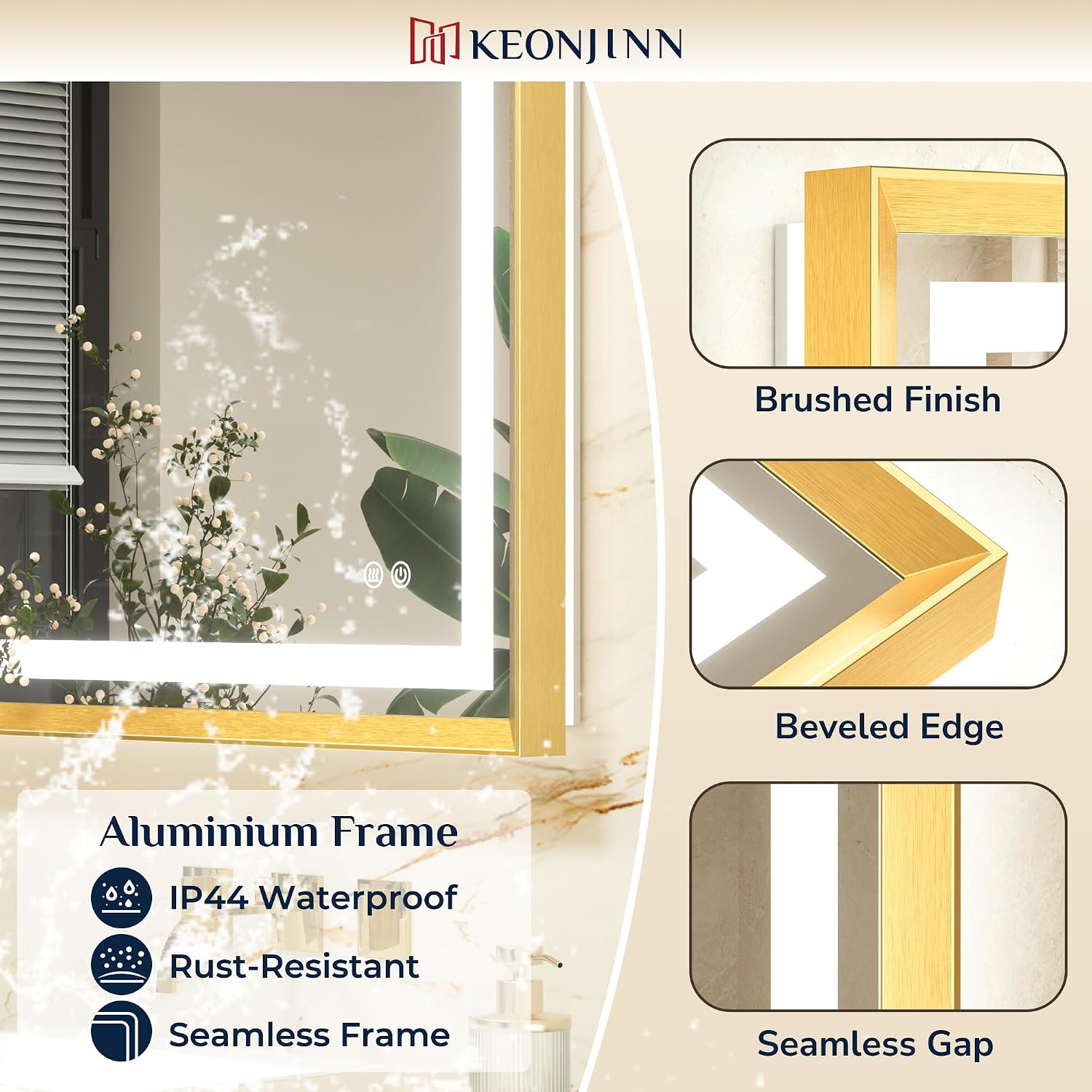 Detalle de Keonjinn Badspiegel mit Beleuchtung, goldfarbener Metallrahmen, 50x70 cm – LED, beschlagfrei, Touch & 3 Lichtfarben
