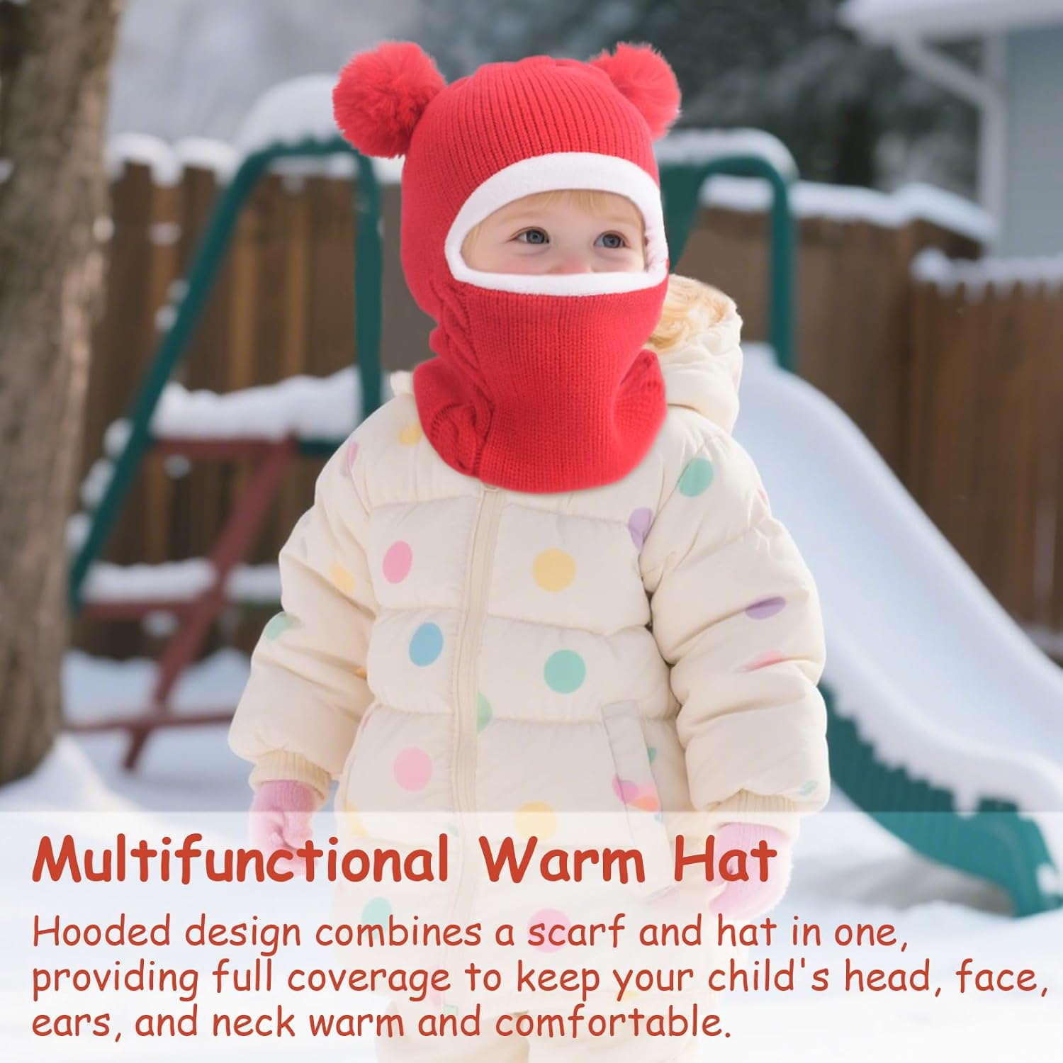 Detalle de DRESHOW Kids Winter Warm Hat Scarf (1–6 Years) – Earflap Beanie Hood with Pom Pom & Windproof Coverage
