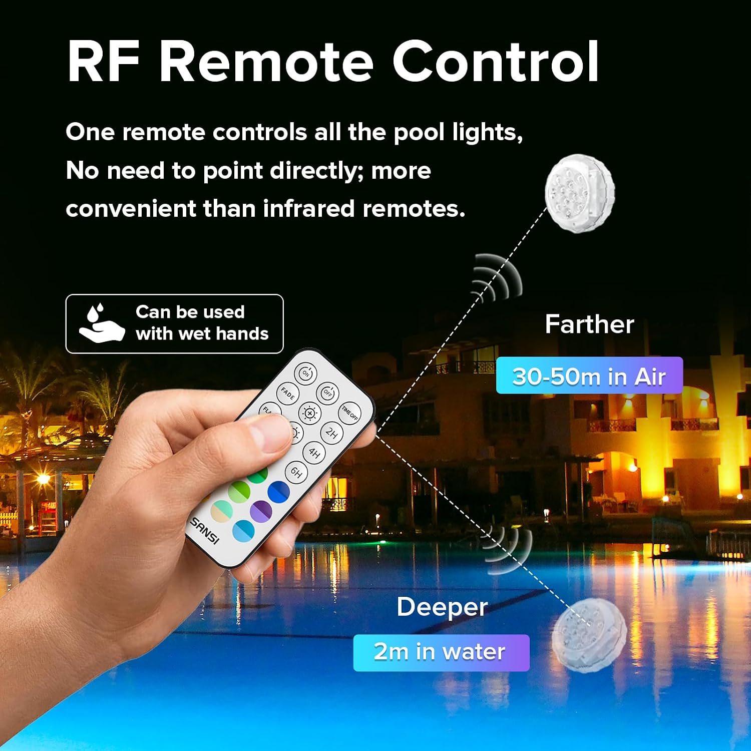 Detalle 2 de SANSI Unterwasser Licht mit Fernbedienung – 2er-Set, 20 RGB Farben, IP68, Magneten & Saugnäpfe
