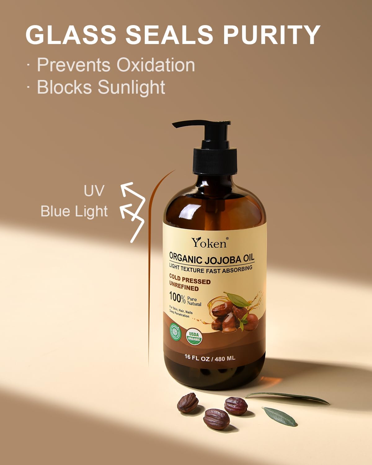 Detalle 2 de Yoken Organic Jojoba Oil (USDA Certified) — 16 fl oz Cold-Pressed, Unrefined, Hexane-Free
