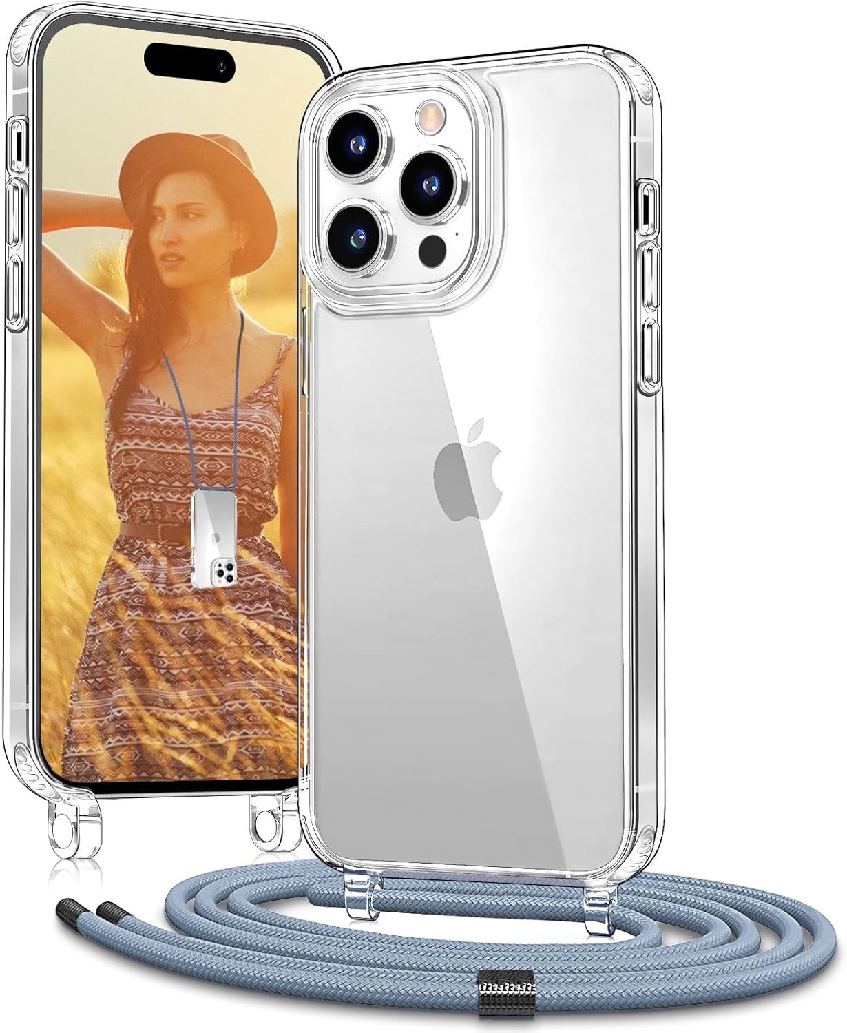 OLEPHY Cover Trasparente con Cordino per iPhone 15 Pro 6,1" – protezione antiurto e antigraffio con collana regolabile, blu