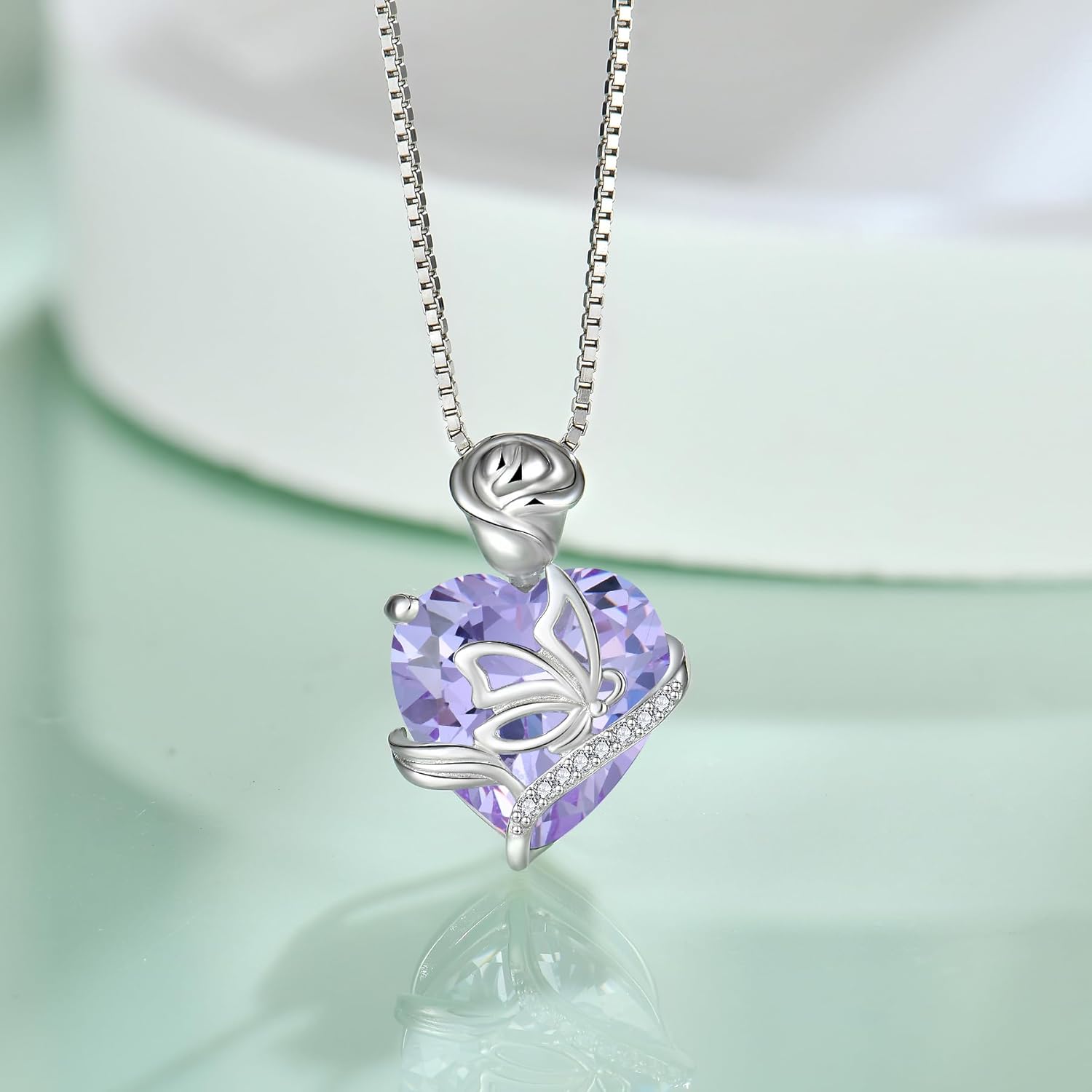 Thumbnail 2 de FJ Herz Geburtsstein Kette für Damen aus 925 Sterling Silber mit Schmetterling-Anhänger und Rosenblume