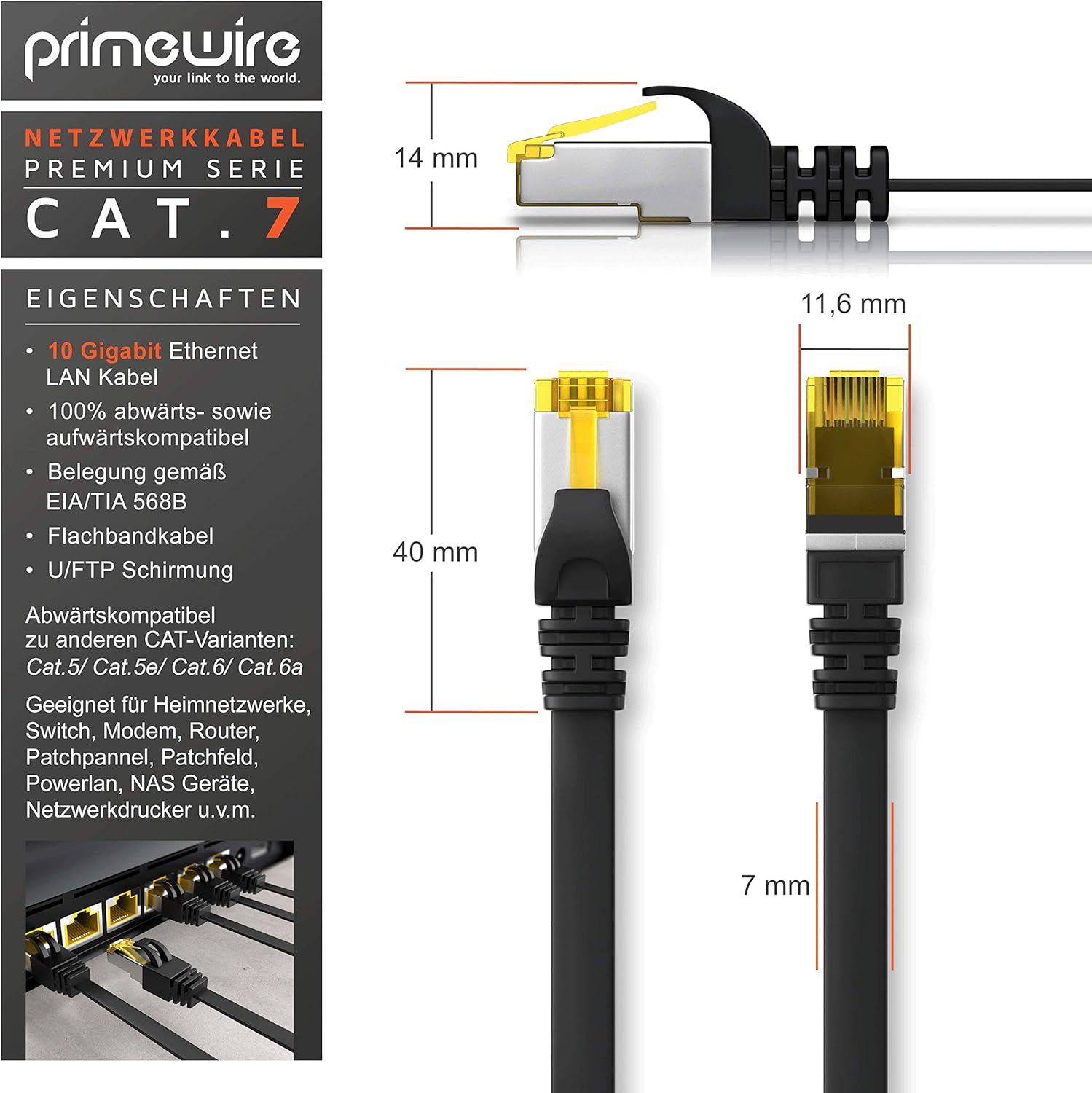 Thumbnail 1 de Primewire CAT.7 Flachbandkabel 30 m | U/FTP Schirmung, RJ45 Stecker, 10 Gbit/s, flaches Patchkabel