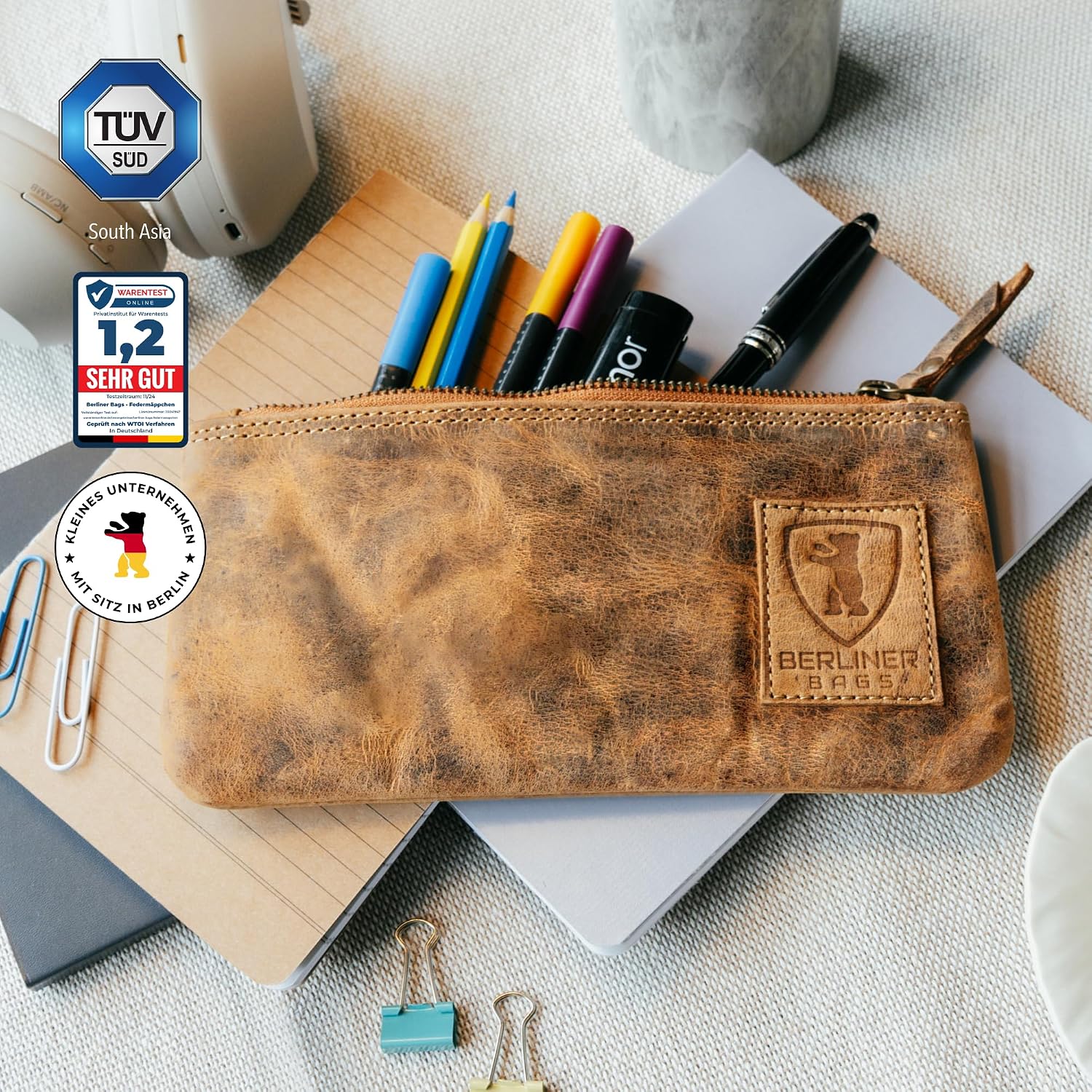 Detalle de Berliner Bags Vintage Federmäppchen aus Leder mit YKK-Reißverschluss – Braun (20 x 11 x 1 cm)
