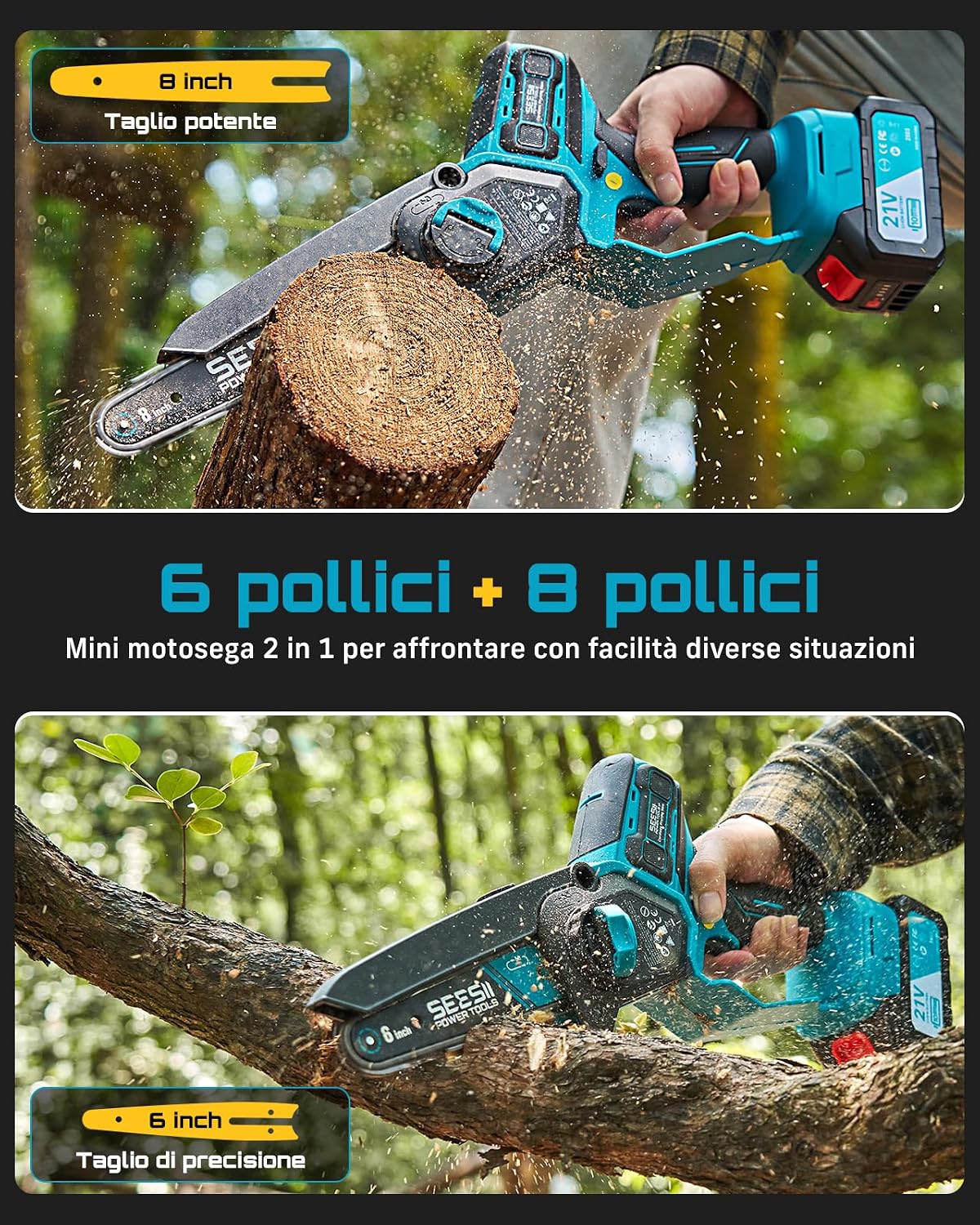 Thumbnail 1 de SEESII 6 & 8 Mini Motosega Elettrica da Potatura 1000 W – 2-in-1 con lama da 6" e 8