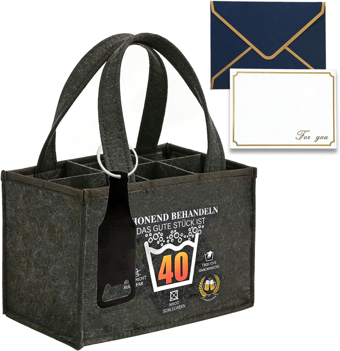 Detalle de AiDeHuaKeJi Männerhandtasche Bier Geschenk zum 40. Geburtstag – Filz-Träger für 6 Flaschen inkl. Öffner & Grußkarte