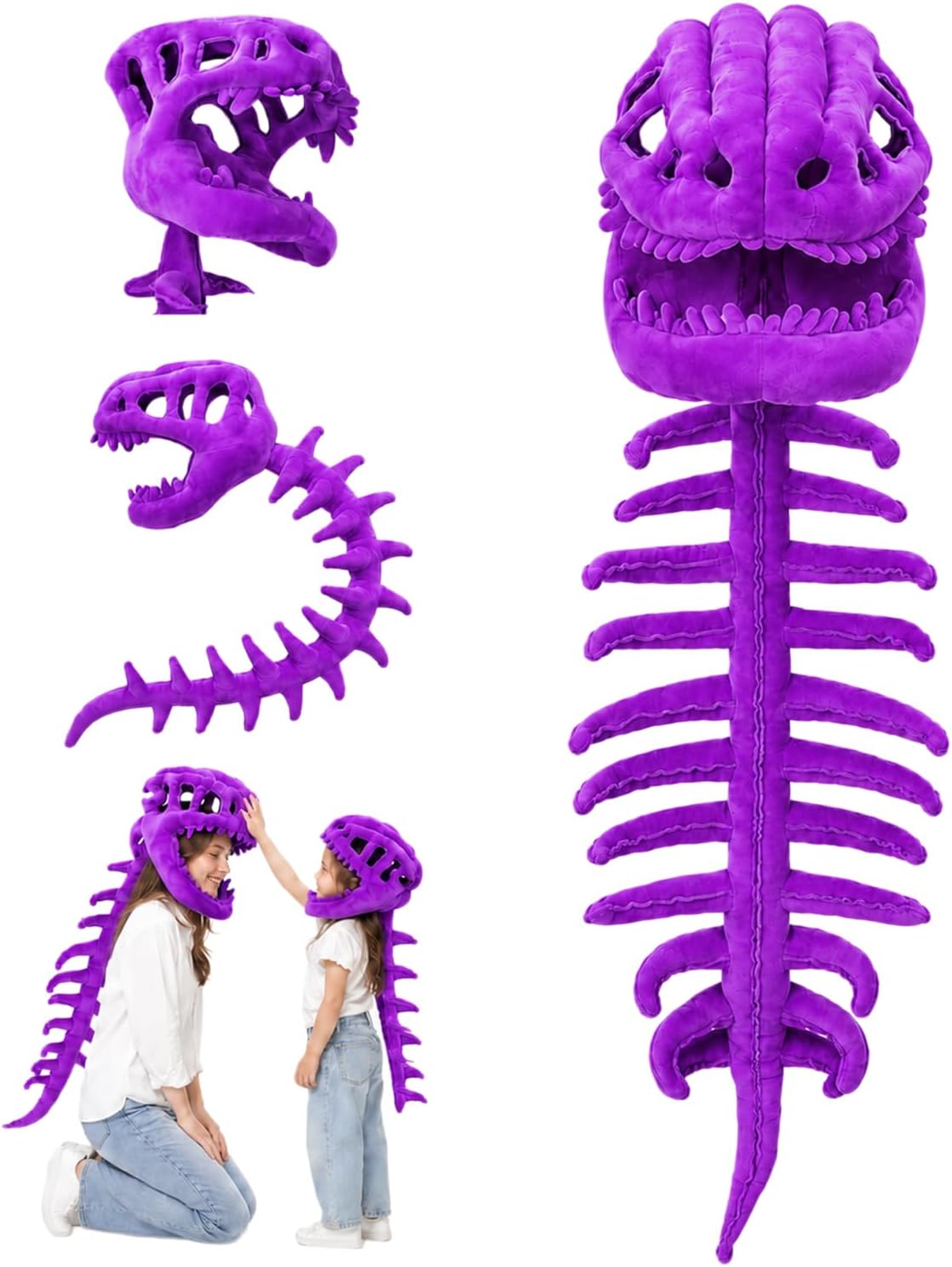 Sachie Dinosaur Skeleton Costume for Kids (Spinosaurus Purple) — Cozy Plush with Skull & Spine