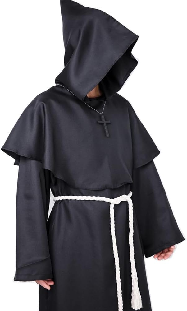 Detalle de Myir JUN Herren-Halloweenkostüm im Mittelalter-Look mit Kapuze (Robe, Halskette & Gürtel)