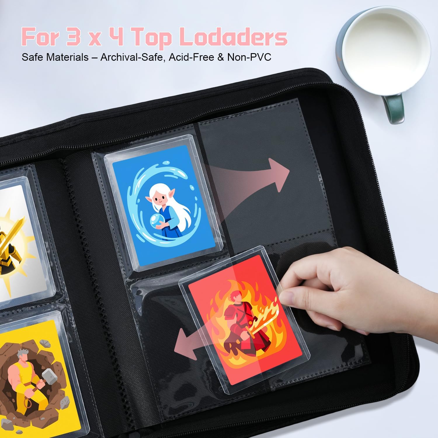 Detalle de WITHYU Toploader Binder Holds 128 Top Loaders – 4-Pocket Ringless Card Binder in Pink