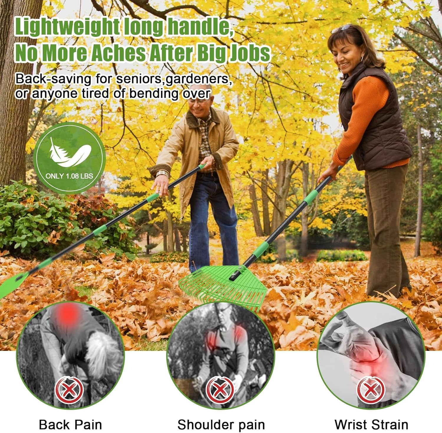 Thumbnail 5 de Leaf Rake, 42cm Wide Garden Rake with 106 cm Adjustable Handle – 23 Tine Plastic Head