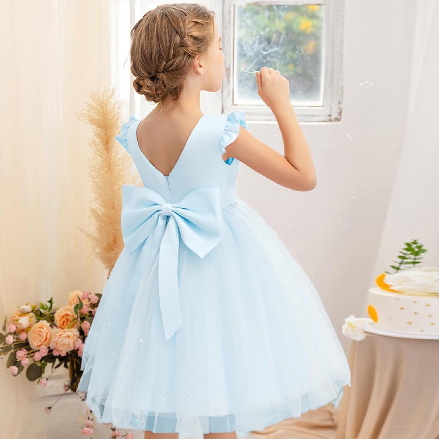 Thumbnail 2 de Robe de demoiselle d’honneur JiAmy sans manches en tulle (col en V, nœud papillon) pour filles 4 à 7 ans