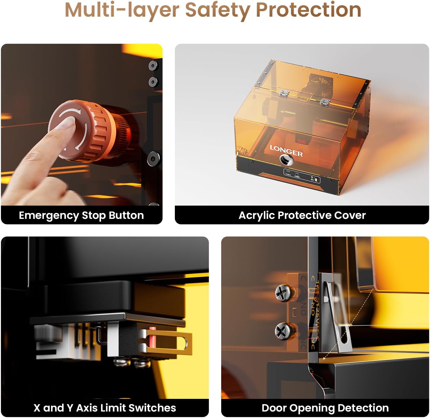 Detalle de LONGER Ray5 miniS Incisore Laser 10W: incisioni precise e sicure in un sistema tutto-in-uno