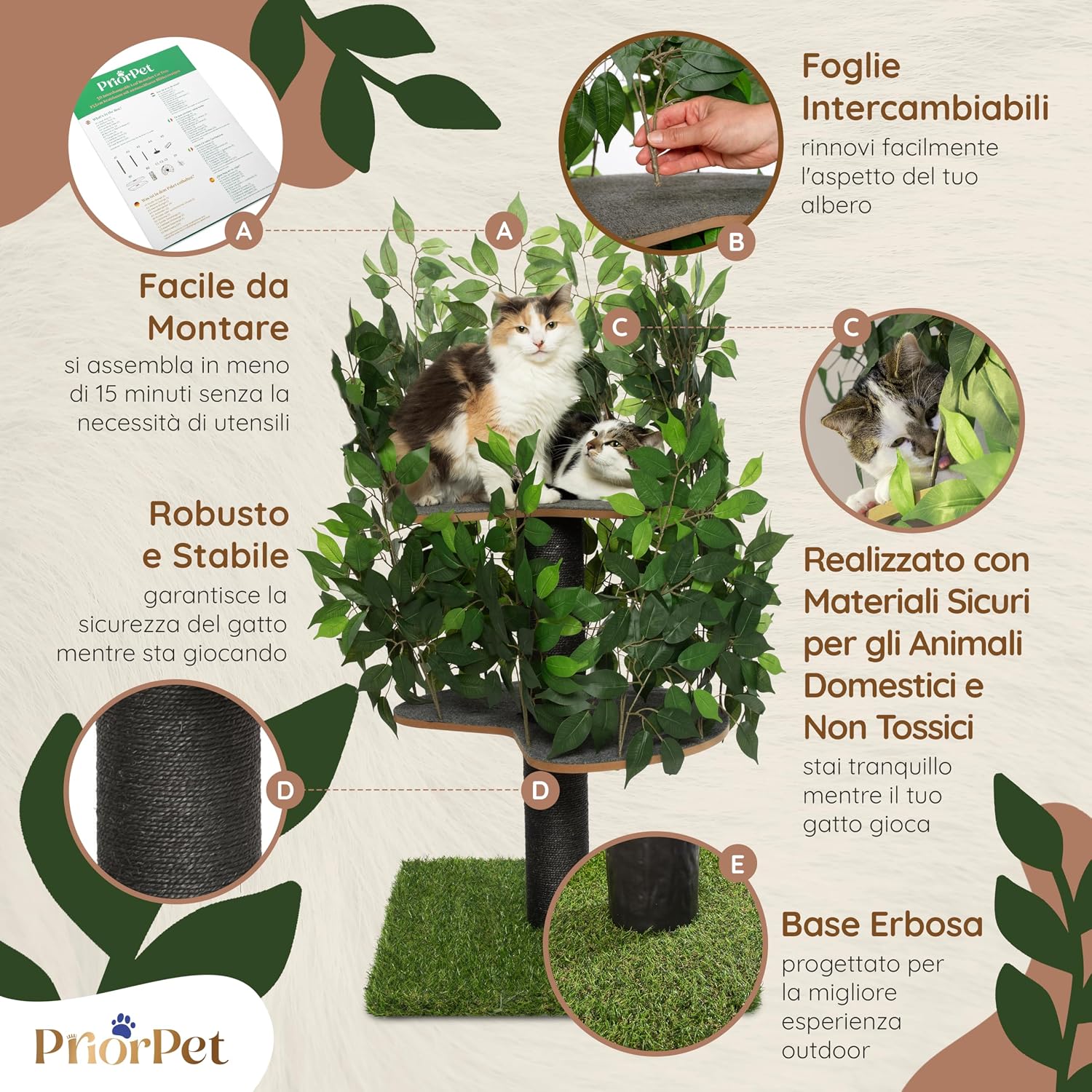 Detalle de Albero per gatti con Foglie – Tiragraffi brevettato con più livelli, 120 cm, verde
