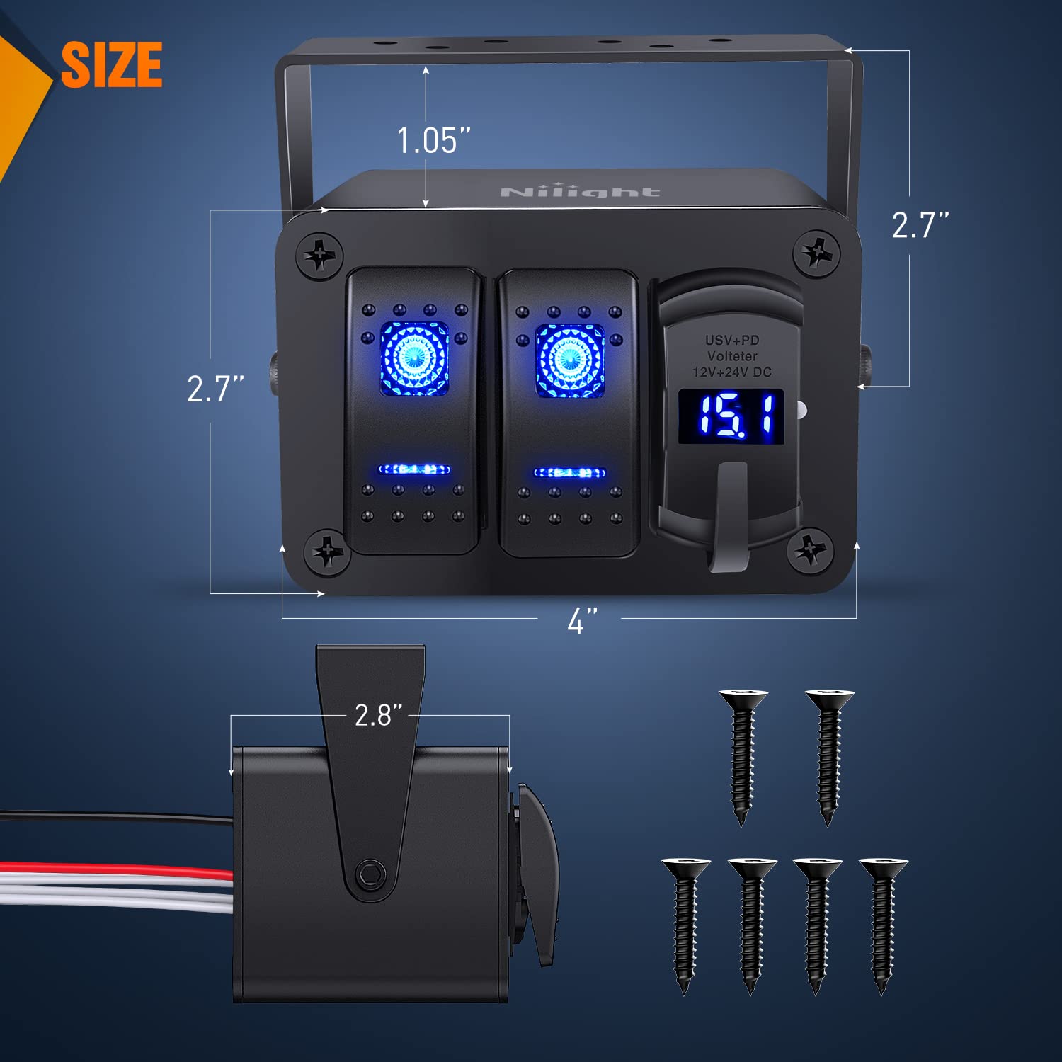 Thumbnail 1 de Nilight 2 Gang Rocker Switch Box 12V with PD Type-C USB, QC 3.0, Voltmeter, and Waterproof Aluminum Panel