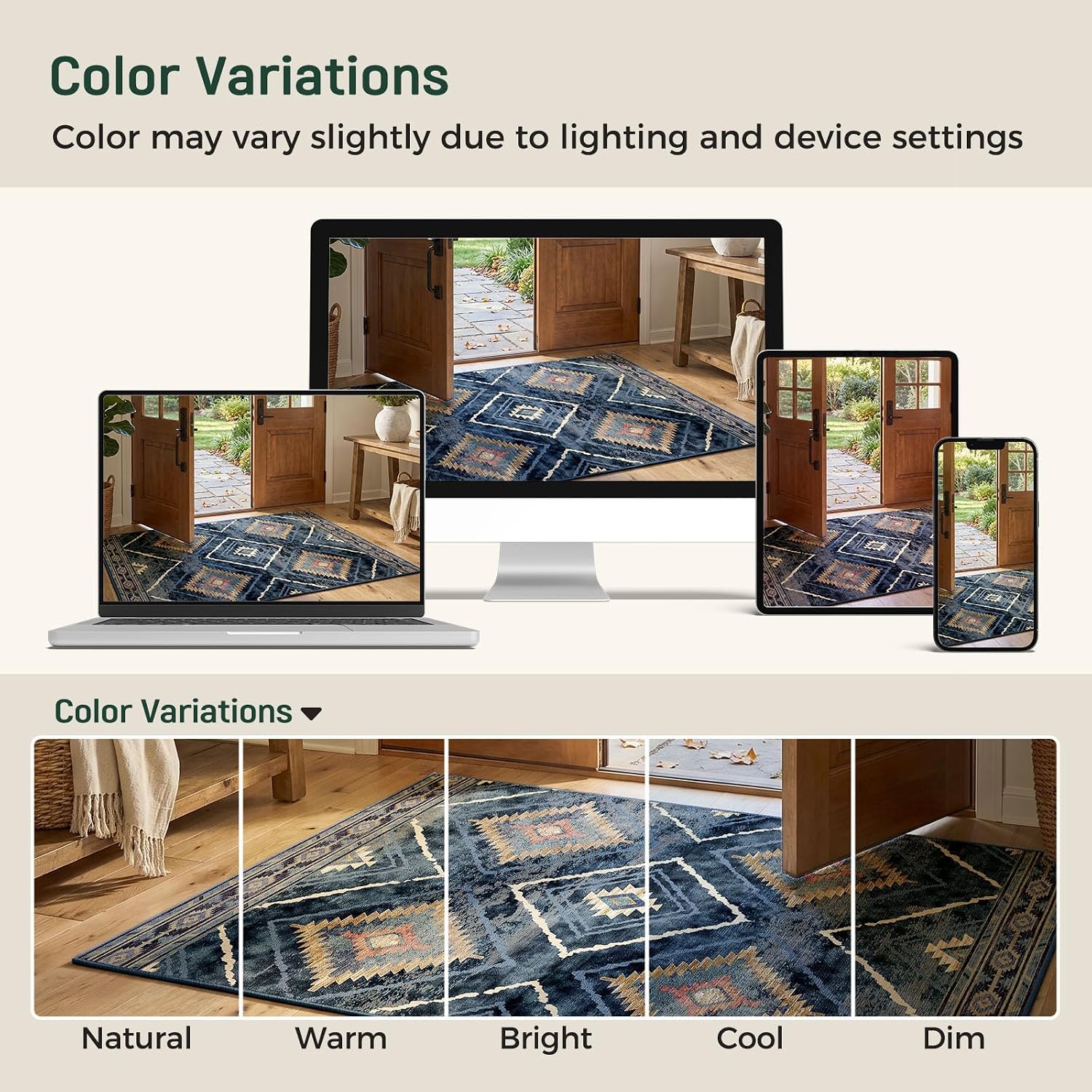 Detalle de DEFYNEE Machine Washable Rugs 120x180 cm (Vintage Blue, Non-Slip Short Pile)