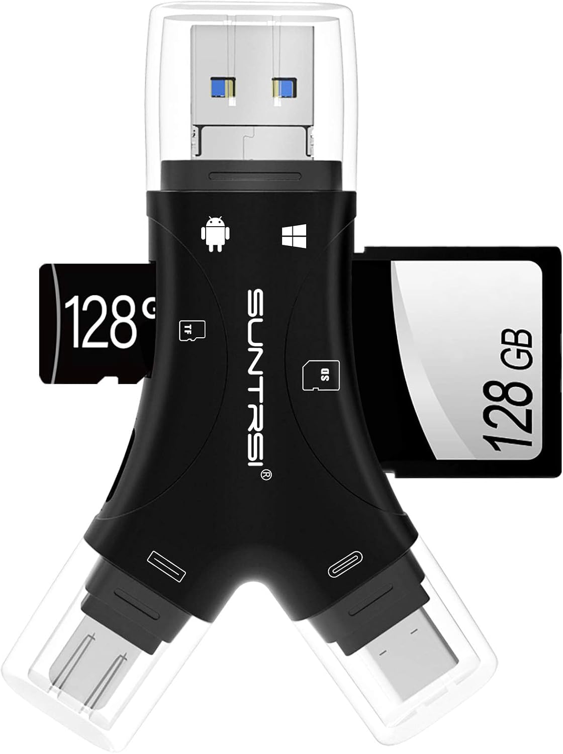 Detalle de SUNTRSI Y-BD 4-in-1 SD Card Reader with USB, USB-C and iPhone Charging Port