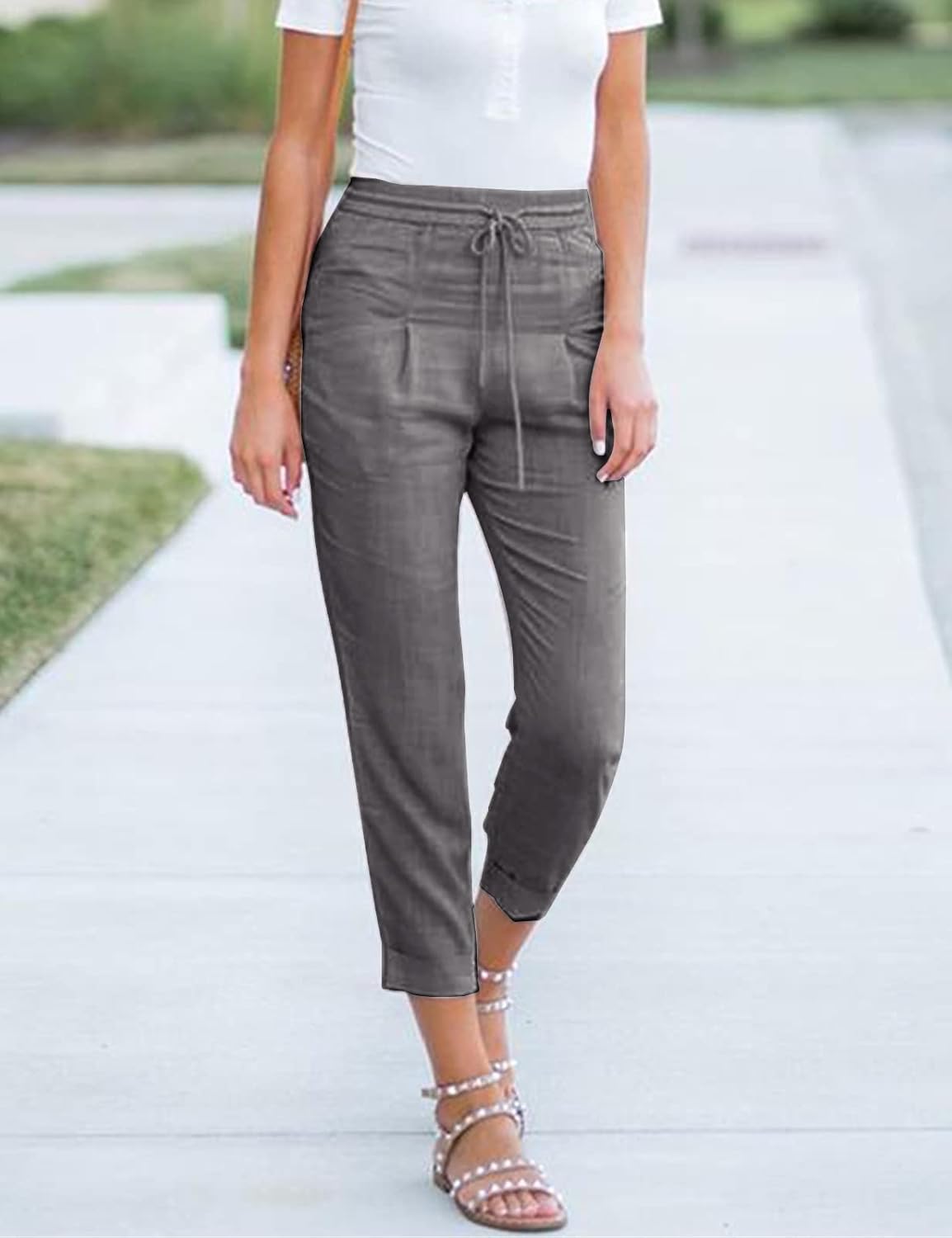 Detalle de Pantalon Femme Yuson en Lin Décontracté – Poches, Taille Élastique, 7 couleurs