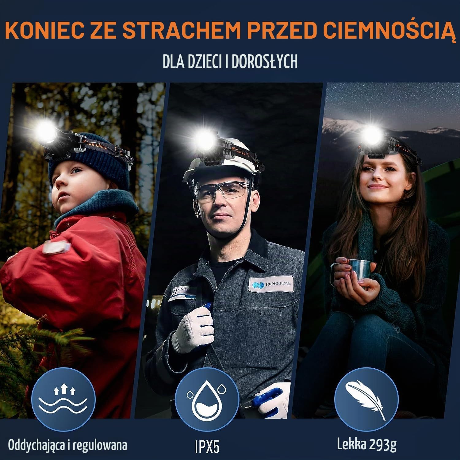 Detalle de MIAOKE CK-356 – aluminiowa latarka czołowa LED, IPX5, 4 tryby i wskaźnik mocy