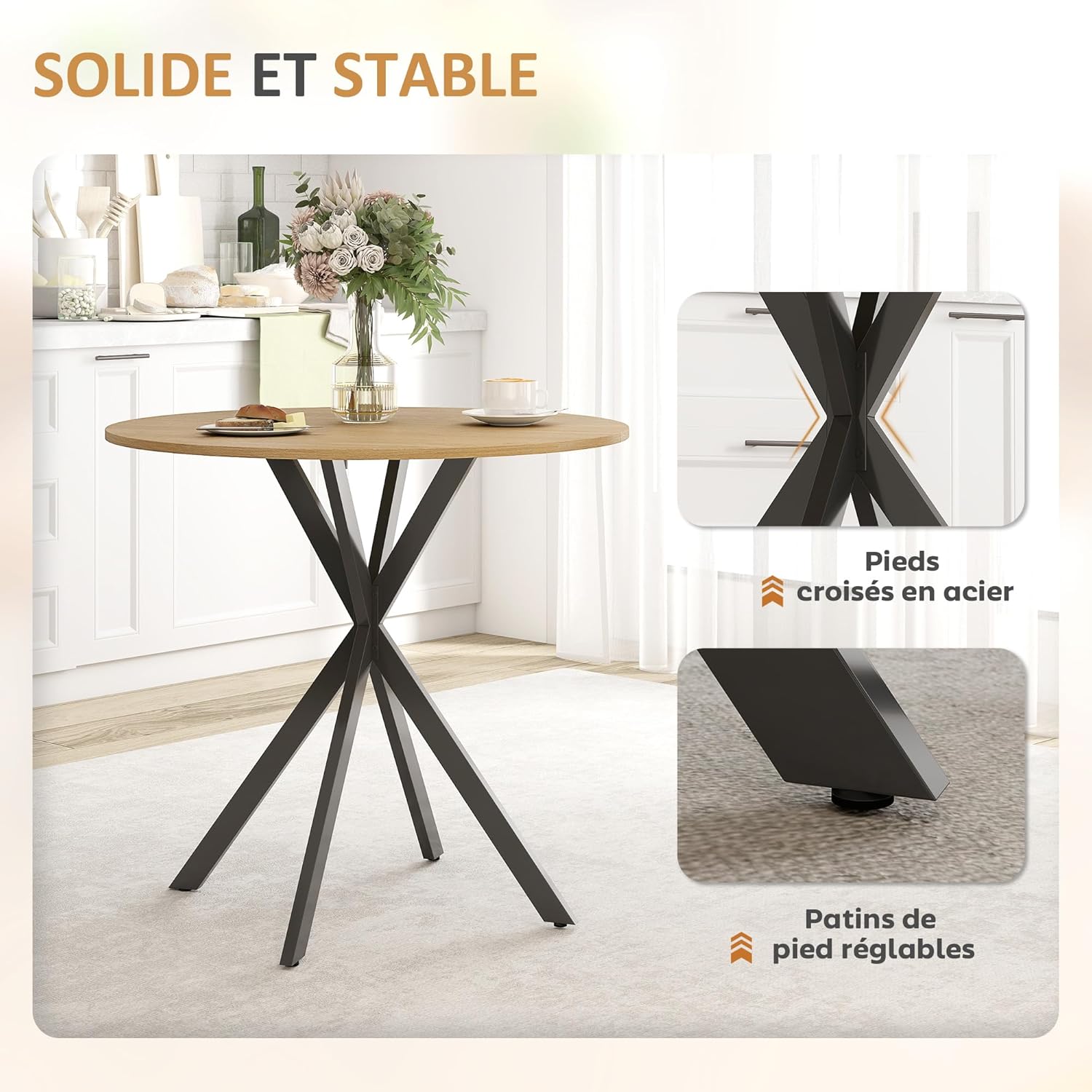 Thumbnail 5 de HOMCOM Table à Manger Ronde 80 cm pour 2 Personnes – Style Industriel, Plateau Bois et Piètement Croix en Acier, Blanc Chêne