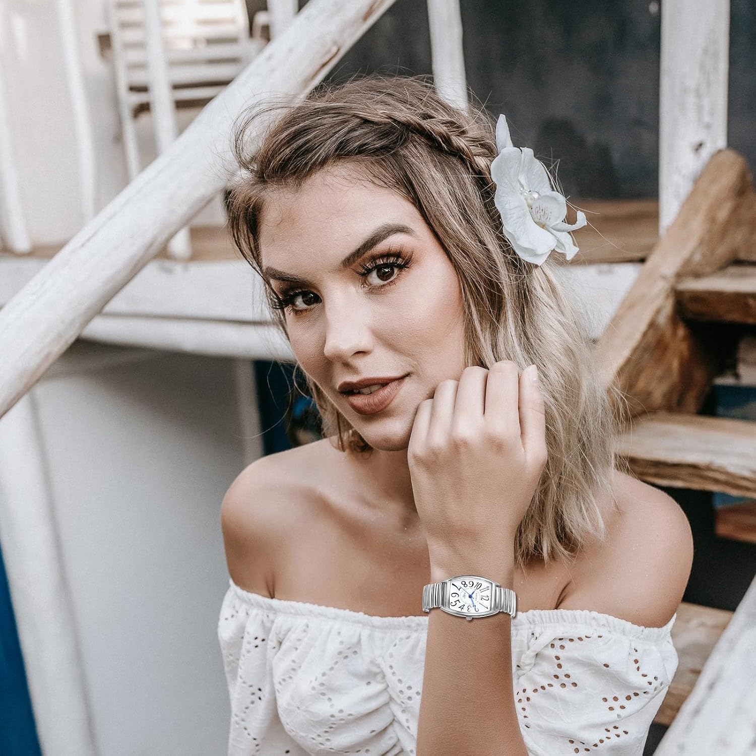 Detalle de Avaner Uhren Damen Rechteckig Stretchband – Elastische Armbanduhr mit Großziffern