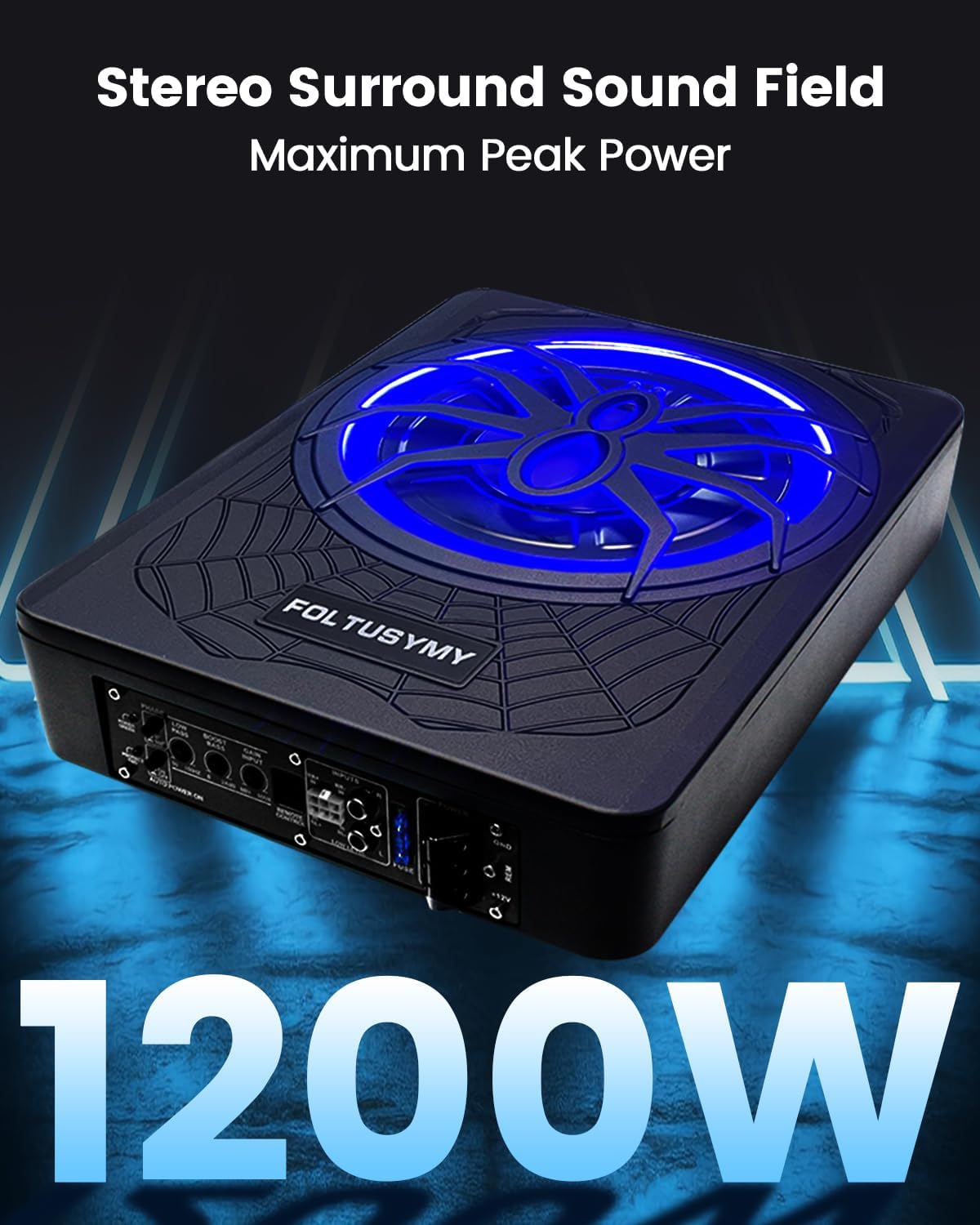 Thumbnail 1 de FOLTUSYMY 1200W 10-Inch Slim Under-Seat Powered Car Subwoofer (High/Low Inputs) with Blue LED