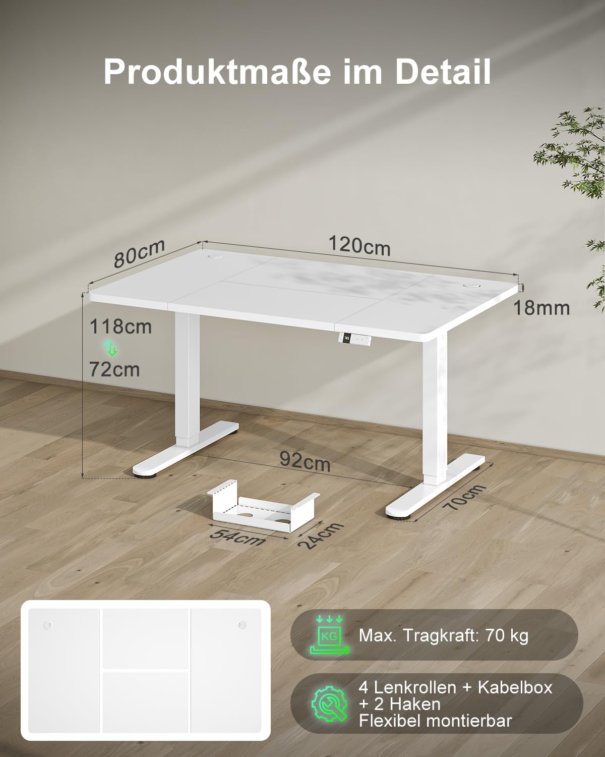 Detalle 2 de Devoko höhenverstellbarer Schreibtisch 72–118 cm