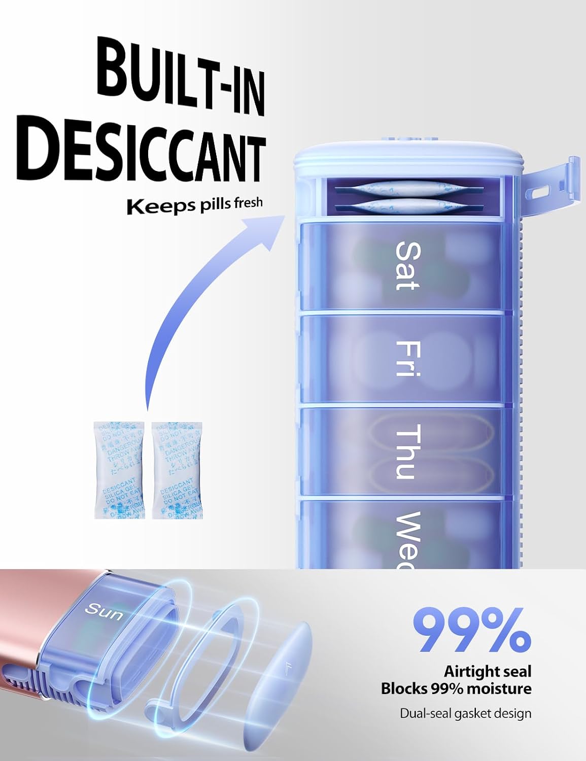 Detalle de VAYDEER PB1034-Vaydeer weekpillendoos voor 7 dagen, blauw met ruime vakken