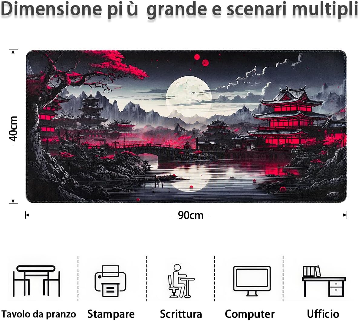 Detalle de Zindoo Tappetino Mouse XXL 900x400x3mm – Tappetino Gaming con stile Anime Nero Giapponese, base antiscivolo