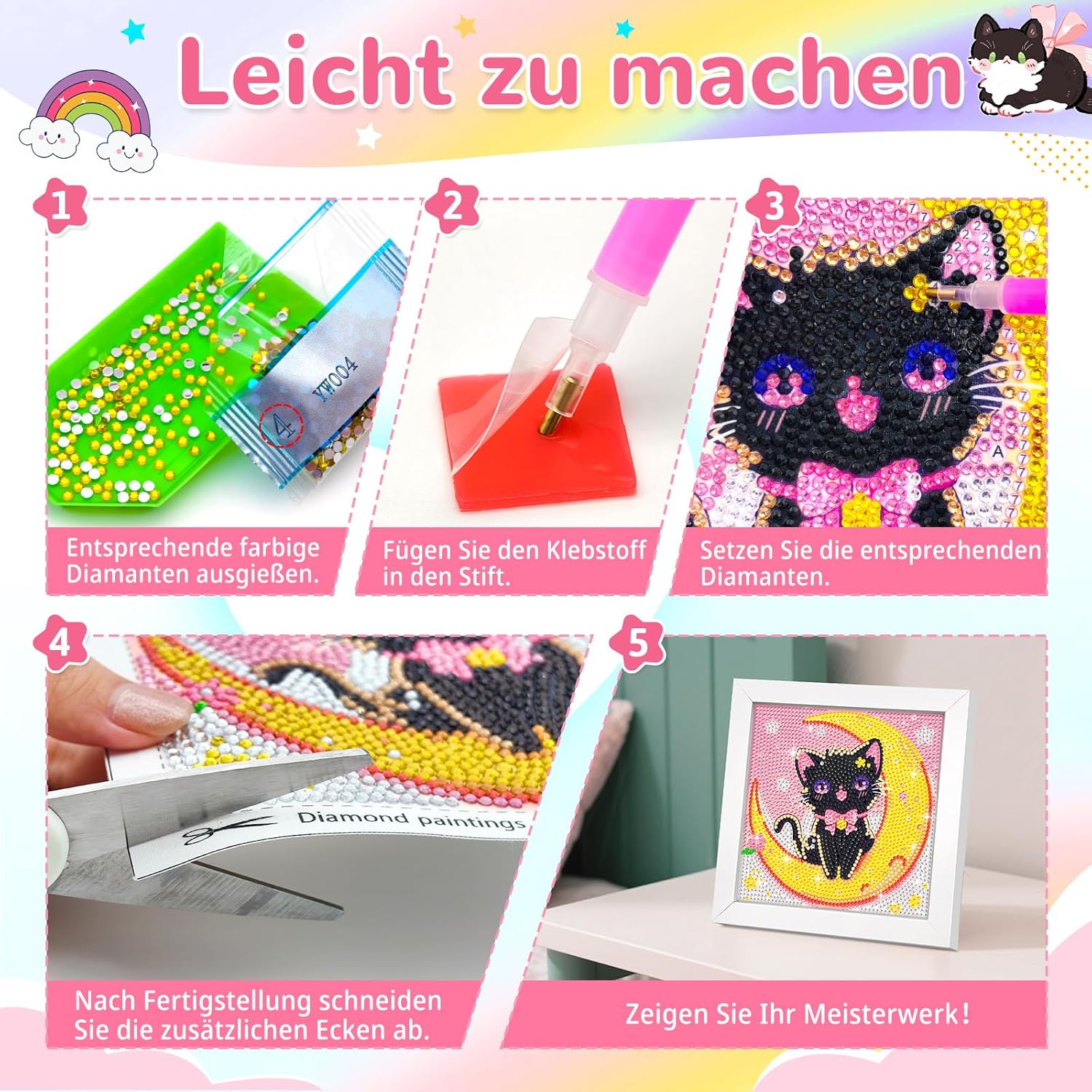 Thumbnail 5 de jieyisier Diamond Painting Katze mit Rahmen (5D), Set für Erwachsene & Anfänger, 15x15 cm