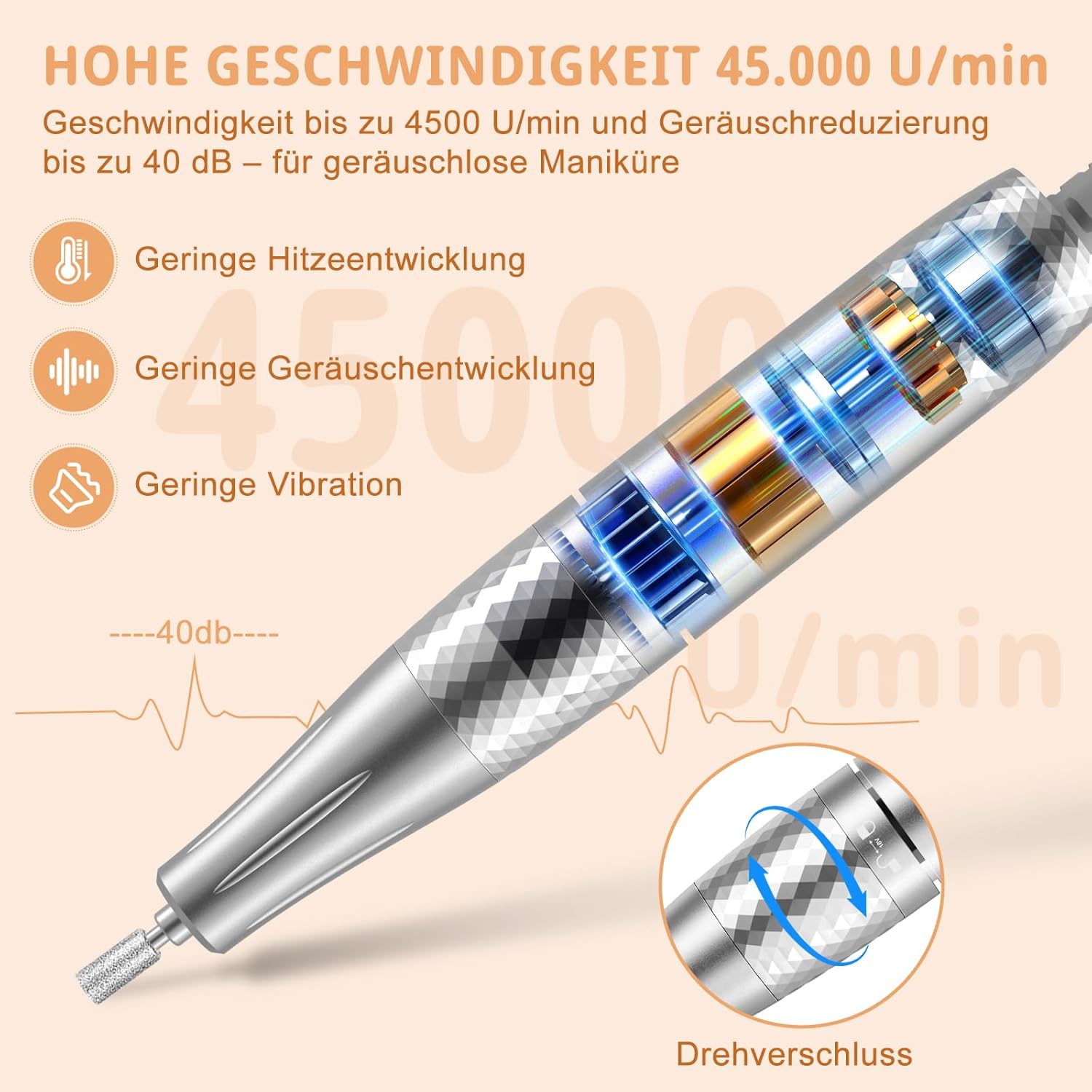 Detalle 2 de Professionelle elektrische Nagelfeile mit LCD-Display (45.000 U/min) & Bit-Lock-Design – Set für Gel- und Acrylnägel