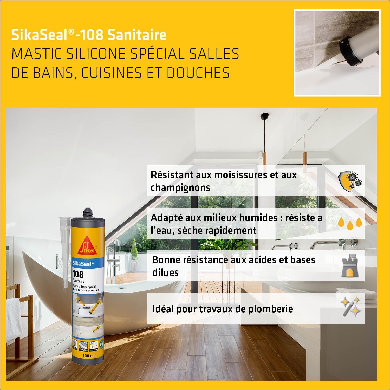 Detalle 2 de SikaSeal 108 Sanitaire Transparent – Mastic silicone sanitaire anti-moisissures, 300 ml