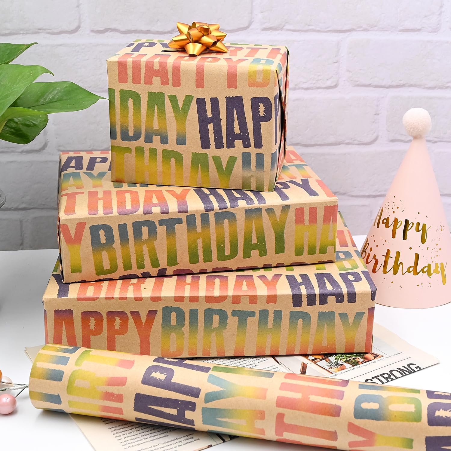 Thumbnail 4 de 43cm x 12m Colorful Birthday Wrapping Paper Roll – Kraft Eco Gift Wrap with “Happy Birthday” Text
