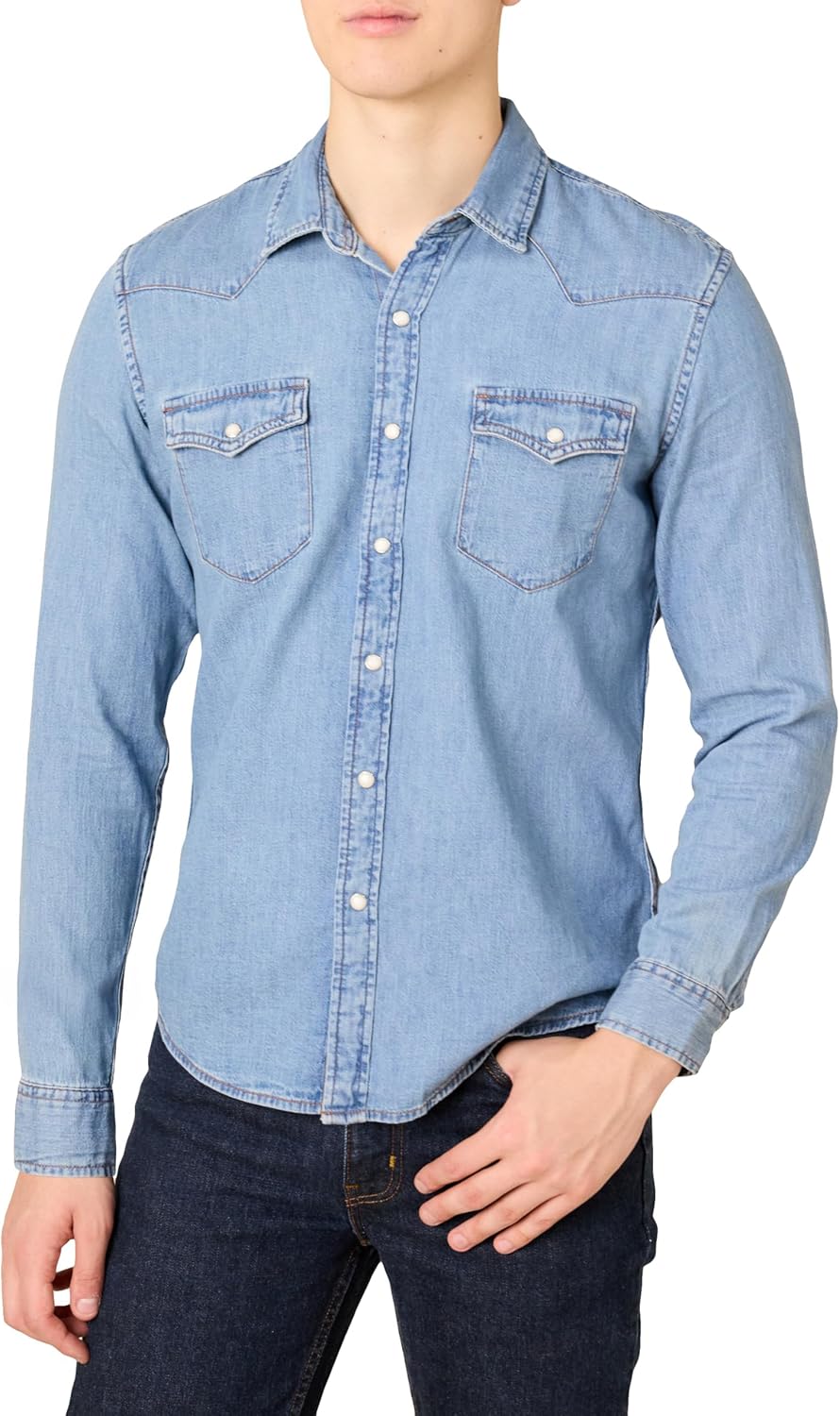 Detalle de Amazon Essentials Herren Slim-Fit Jeanshemd mit langen Ärmeln und Druckknöpfen – Hellblau, XXL