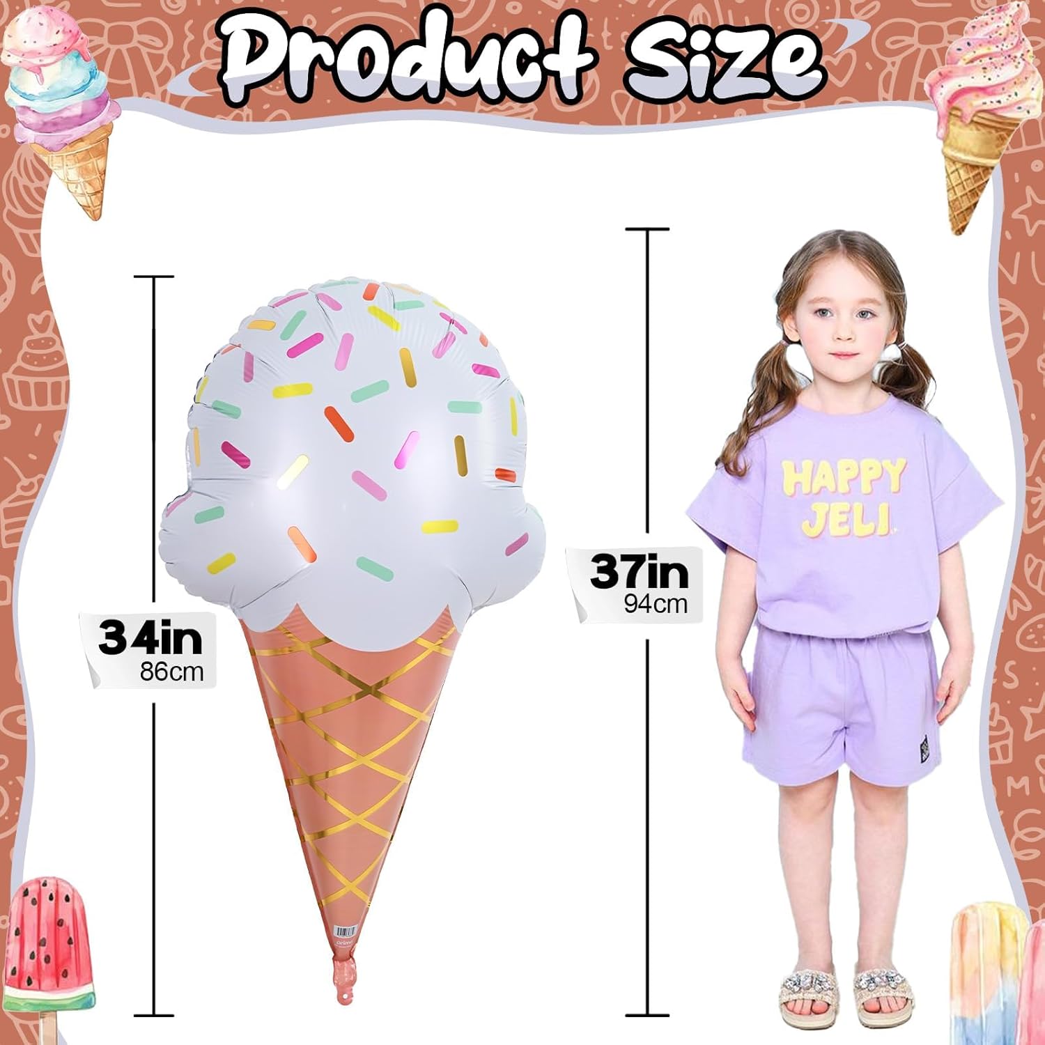 Thumbnail 1 de 32 Inch Ice Cream Cone Balloon Kit: Giant Sprinkle Foil Balloons (2-Pack) for Summer Parties
