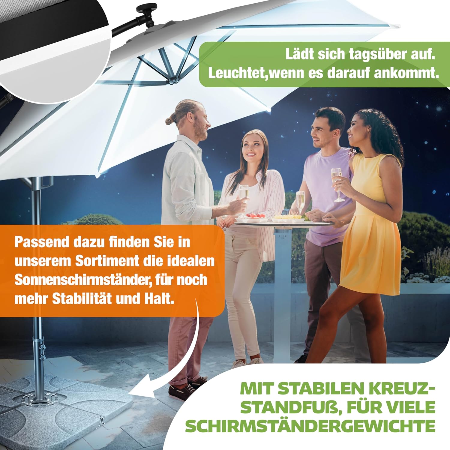 Detalle 2 de KESSER Sonnenschirm Solar Ø 300 cm/Ø 350 cm mit LED-Beleuchtung – Kurbelmechanik, Alu-Gestell, mit Abdeckung
