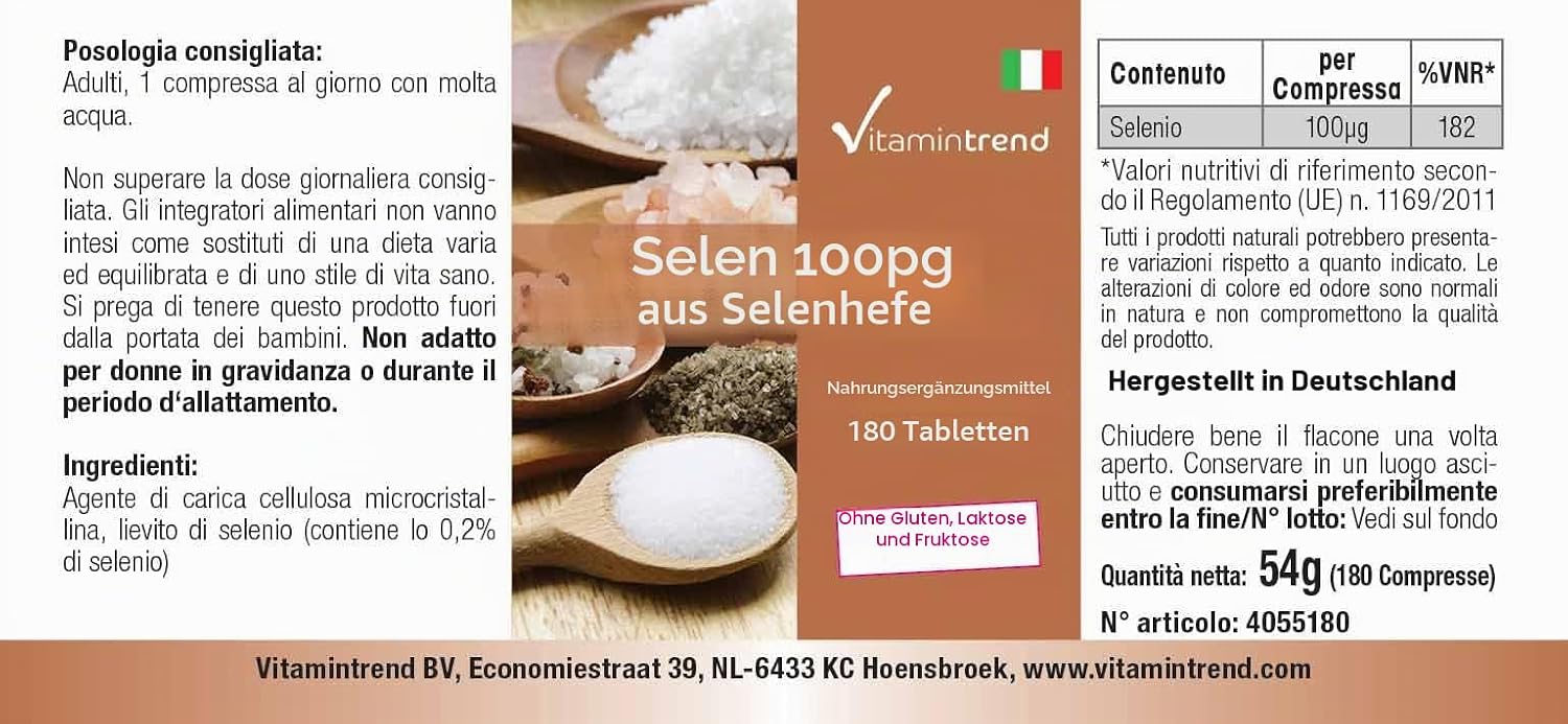 Detalle de Vitamintrend Selen 100 μg aus Selenhefe – 180 Tabletten, vegan, ohne Magnesiumstearat, in Deutschland hergestellt