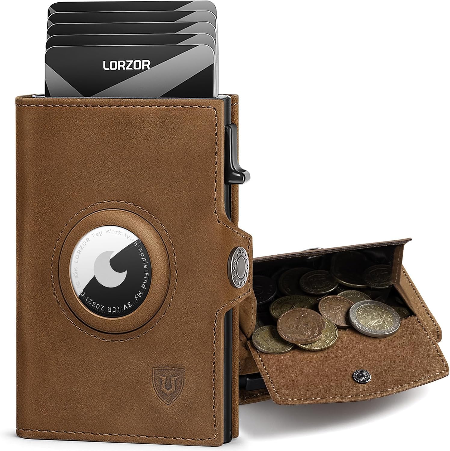 Detalle de LORZOR Airtag Wallet with XXL Coin Pocket – Slim Genuine Leather Card Holder with RFID Blocking
