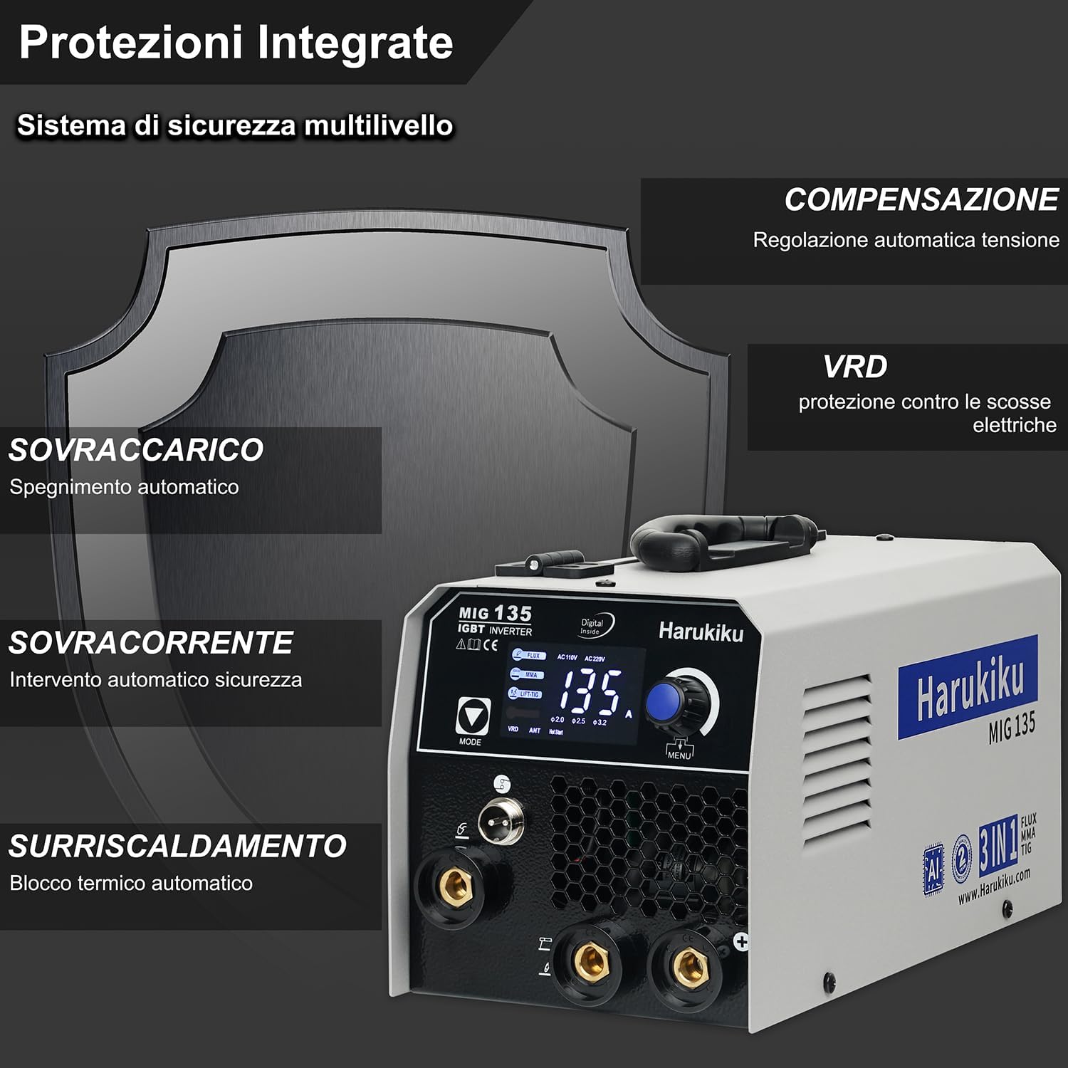 Detalle de Harukiku135 saldatrice a filo continuo: 3-in-1 per uso domestico e professionale (MIG/MMA/Lift TIG)