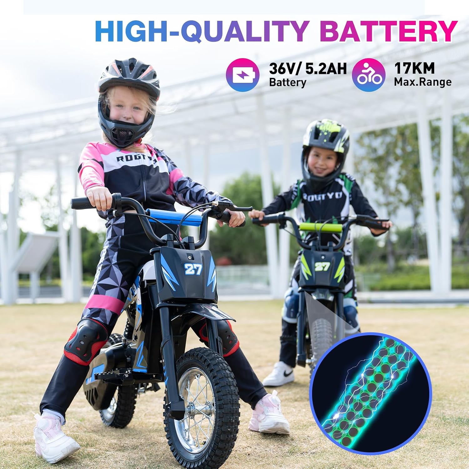 Detalle de RCB R9X Electric Motorcycle Kids (12-inch), 3 Speed Modes, 5.2Ah Battery, 15.5 mph, Green