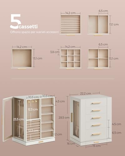 Detalle de SONGMICS GISELLA Collezione – Portagioie girevole a 360° con 5 cassetti, vetro e 18 ganci per collane, bianco nuvola JBC170W01