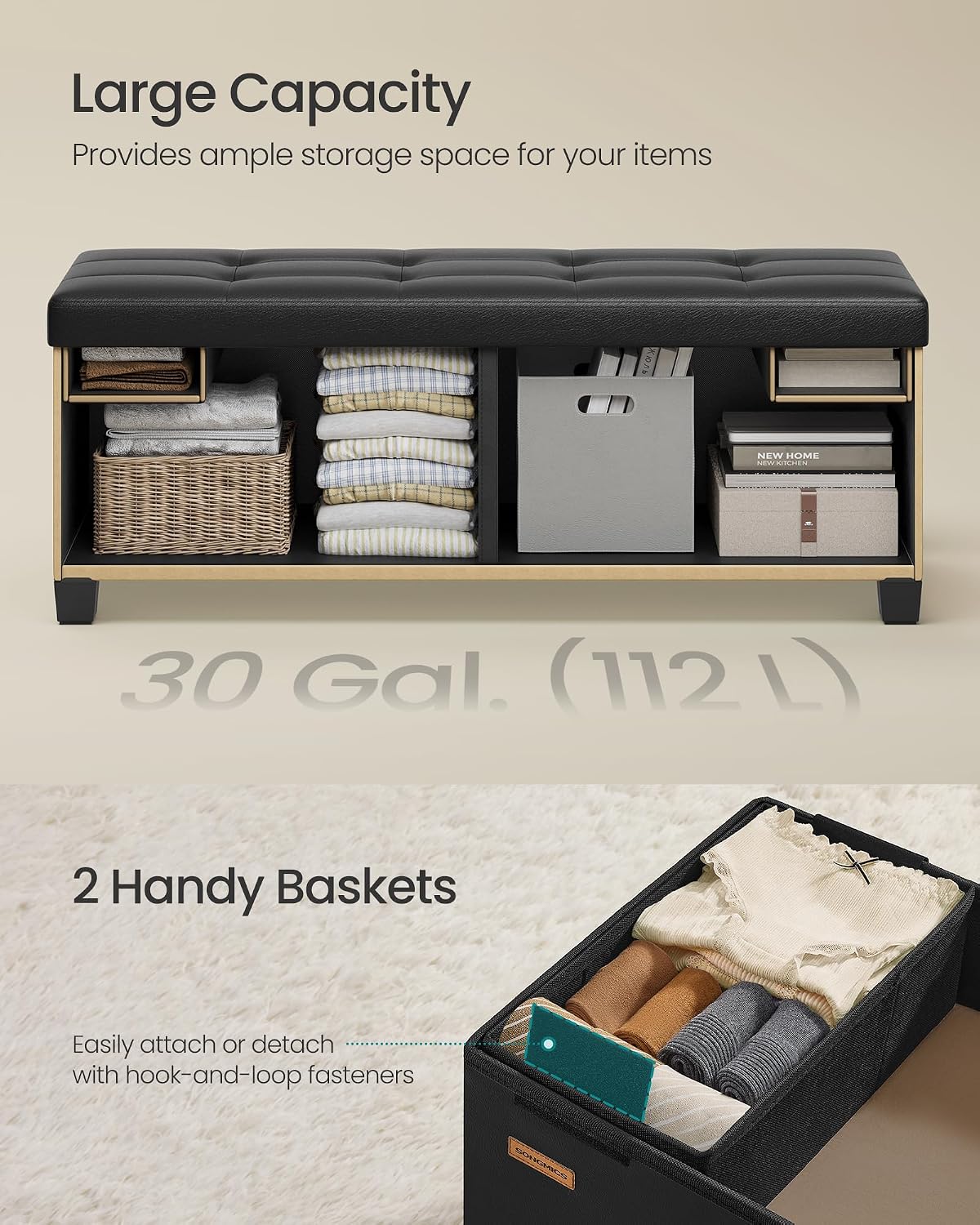 Detalle de SONGMICS Storage Ottoman Bench, 43.3 Inches